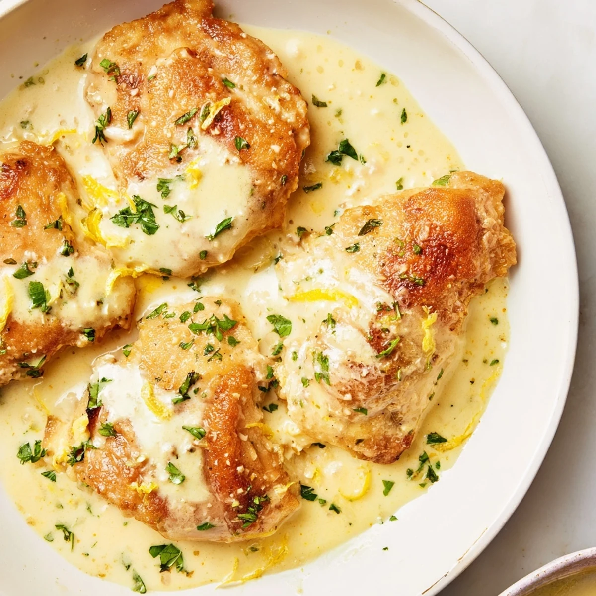 Golden seared chicken breasts smothered in a creamy Parmesan lemon chicken sauce, garnished with fresh parsley on a rustic plate.