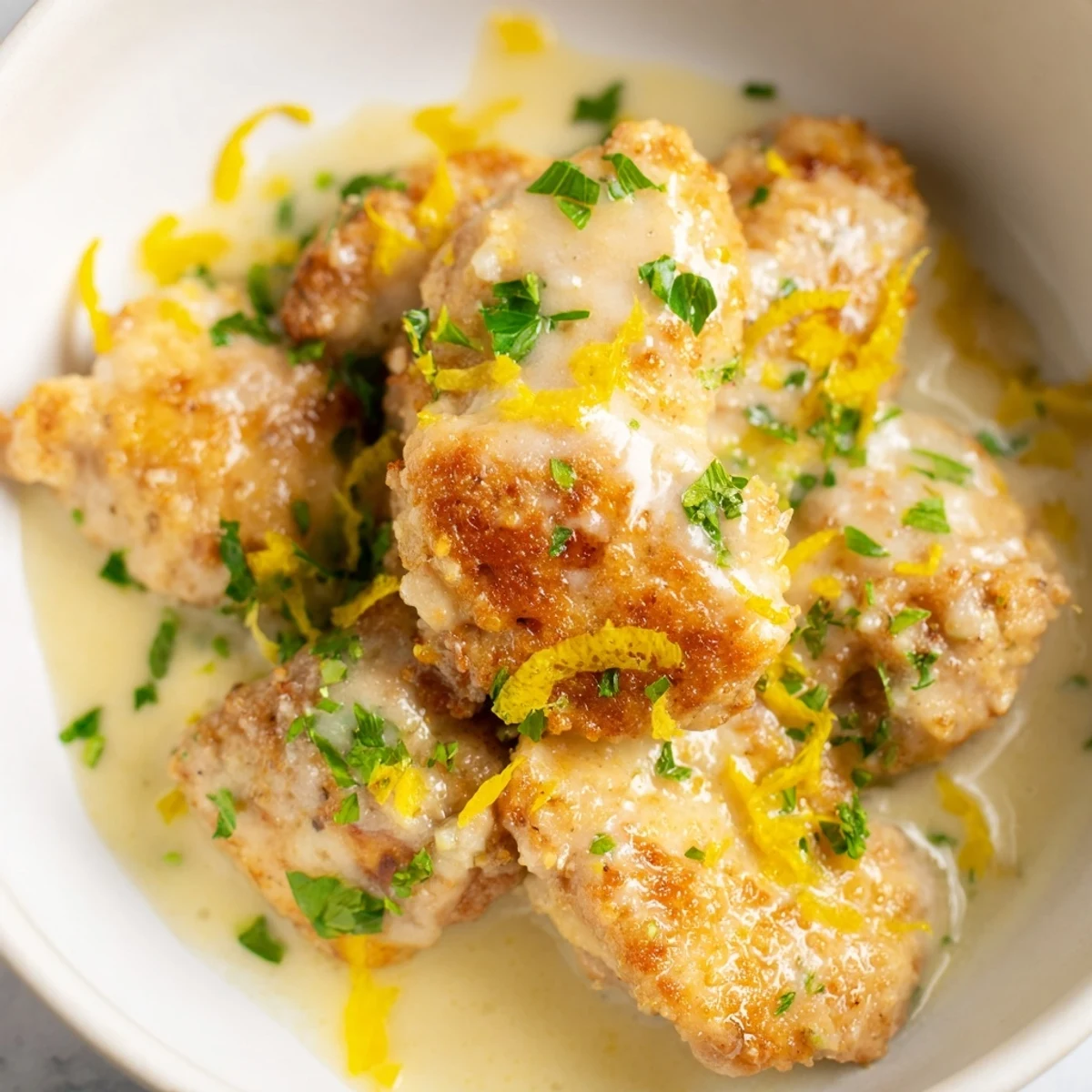 Creamy Parmesan lemon chicken served over fluffy mashed potatoes, with a lemon slice and parsley sprig for garnish.