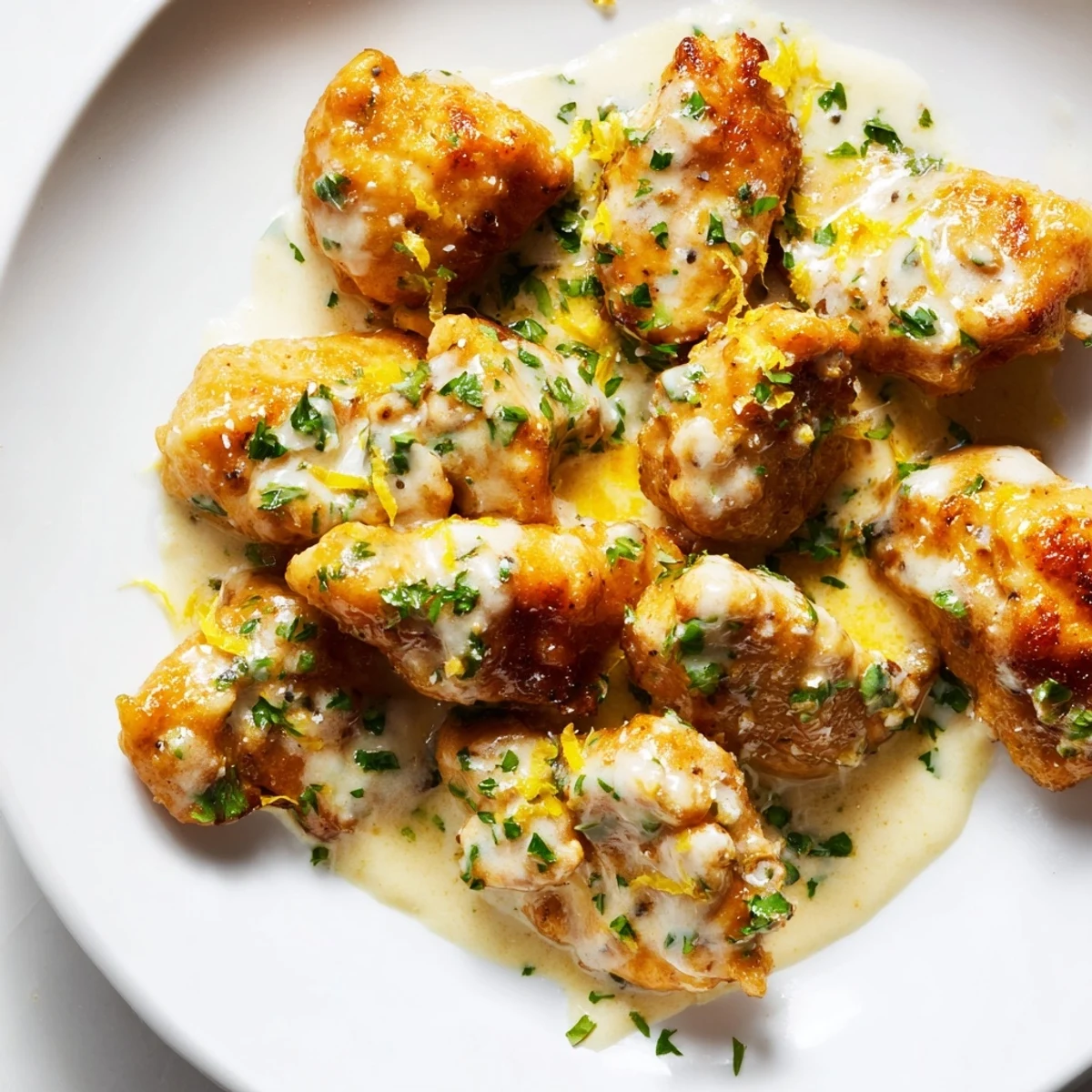 Close-up of creamy Parmesan lemon chicken in a skillet, showing velvety lemon-Parmesan sauce and tender chicken pieces.