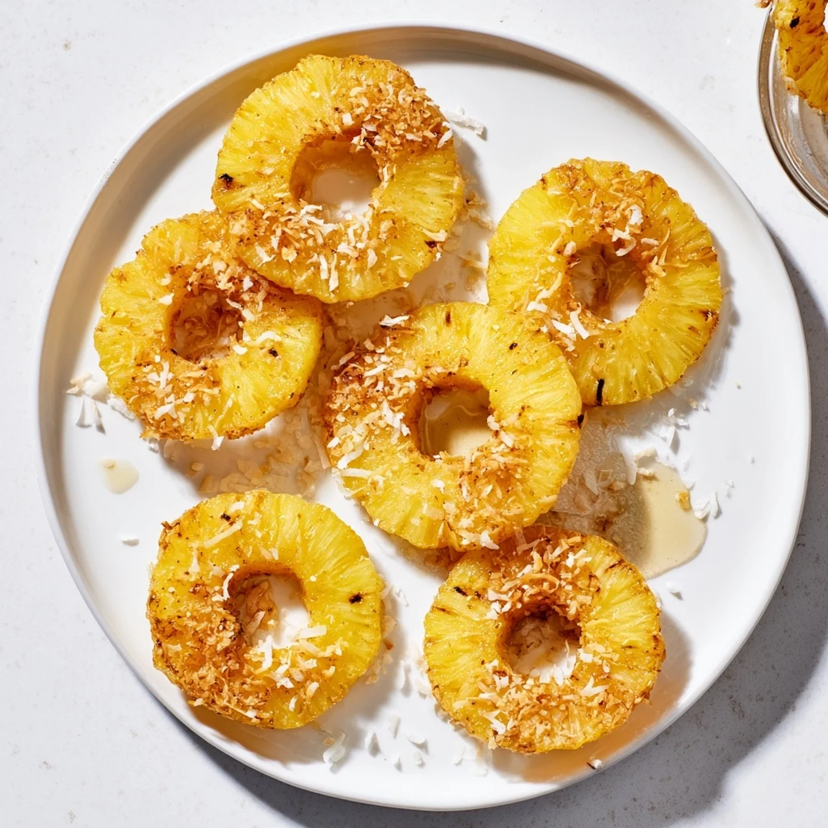 Golden, caramelized Fried Pineapple rings with crispy batter, served warm with a drizzle of honey and toasted coconut.