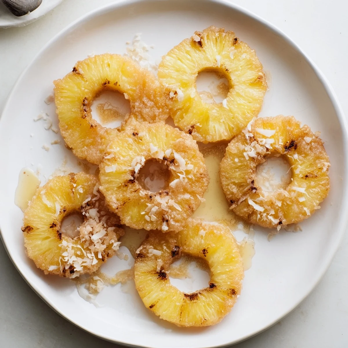 Fried Pineapple golden rings stacked on a plate, perfect with vanilla ice cream and a sprinkle of cinnamon.