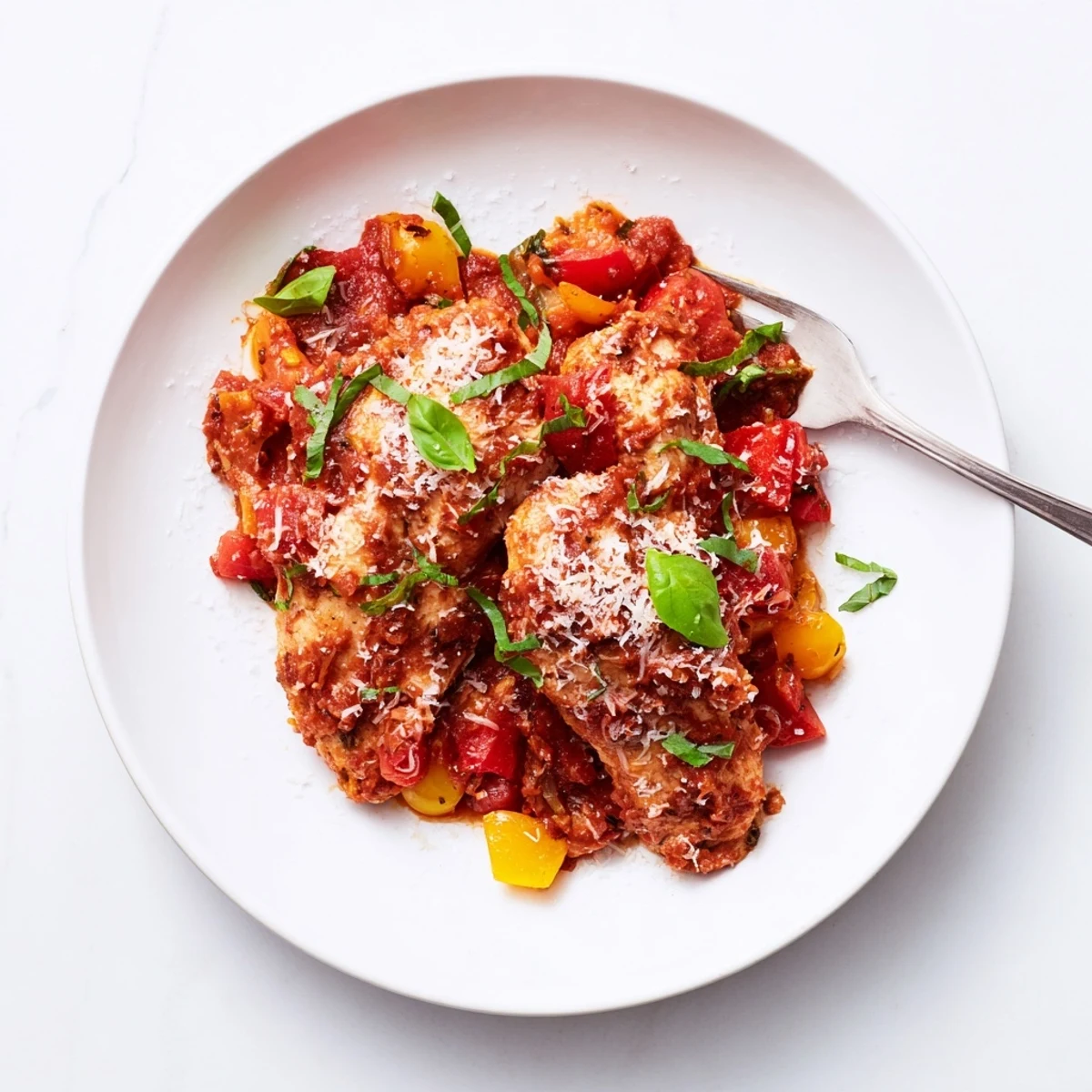 A close-up photo shows tender Slow Cooker Tomato Basil Chicken pieces swimming in a rich red sauce, topped with fresh basil and served over creamy pasta.
