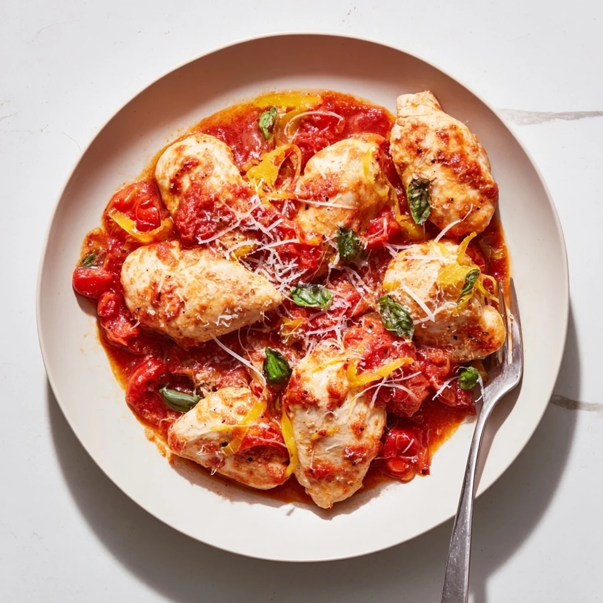 Slow Cooker Tomato Basil Chicken is served steaming hot over angel hair pasta, with melted Parmesan and a basil garnish on a rustic wooden table.