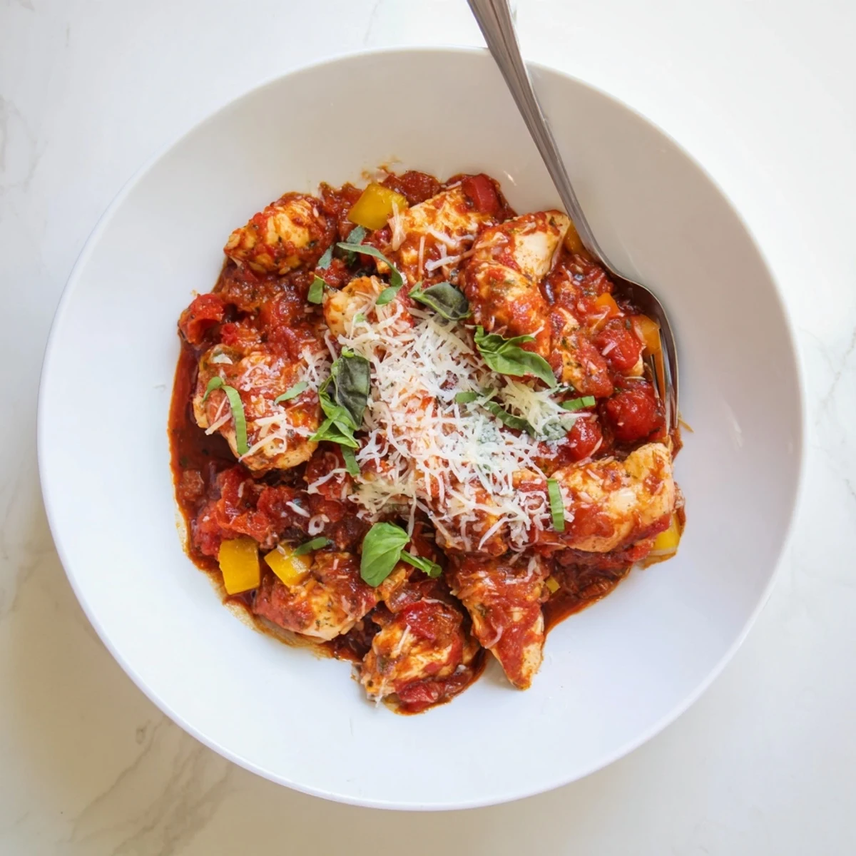 Slow Cooker Tomato Basil Chicken features juicy chicken breasts in a thick tomato basil sauce, garnished with fresh herbs in a white ceramic slow cooker.