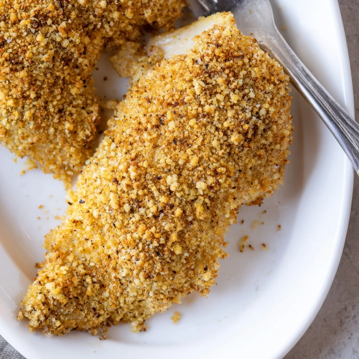 Golden-brown Baked Garlic Parmesan Chicken with a crispy, savory crust rests on a white plate, garnished with fresh parsley.