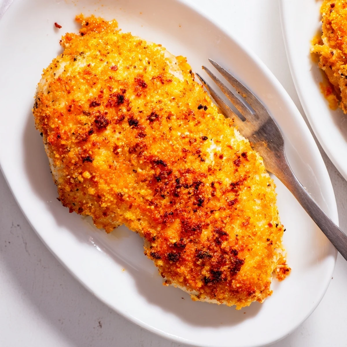 Close-up of Baked Garlic Parmesan Chicken revealing tender, juicy meat inside, served alongside roasted vegetables for a complete meal.