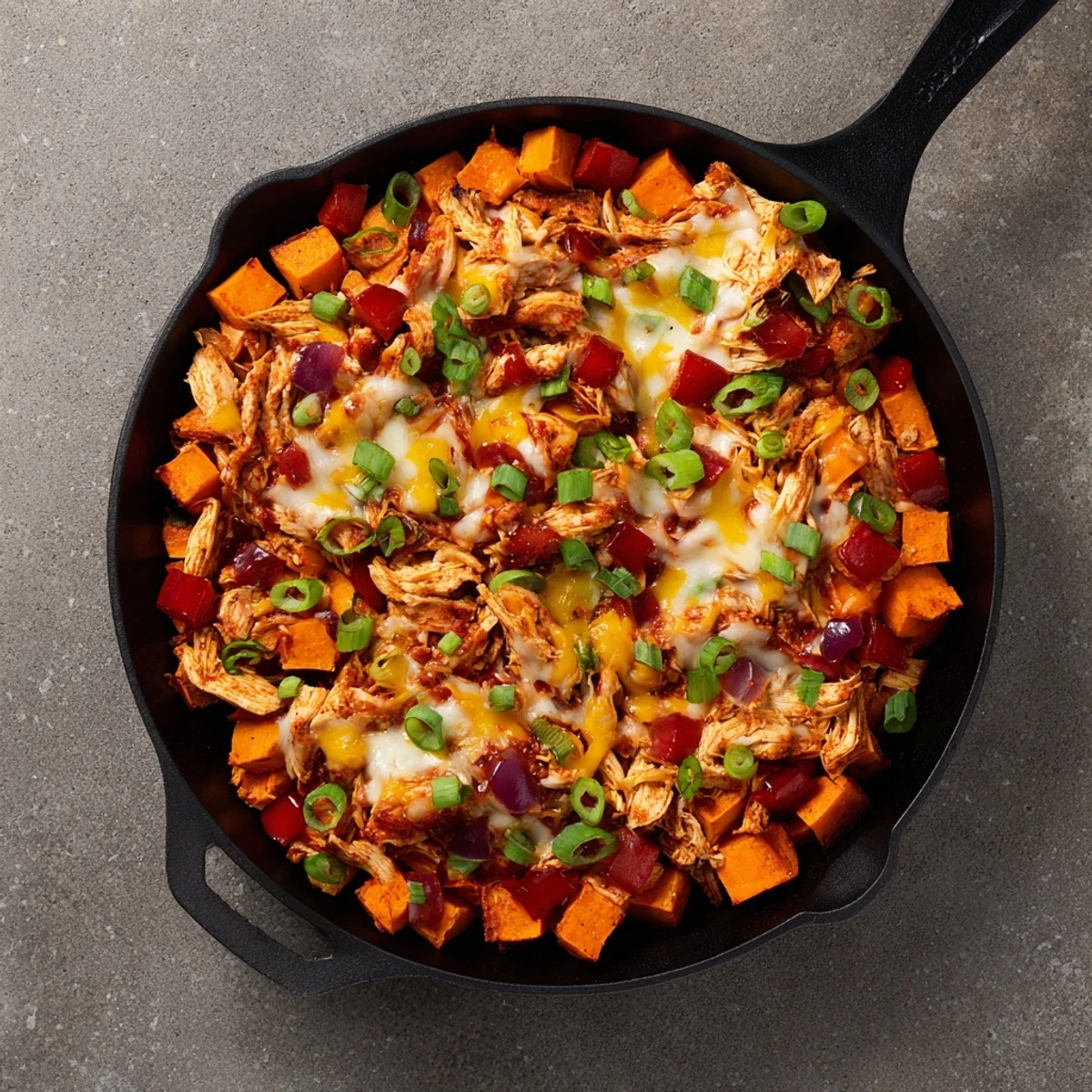 Golden Sweet Potato Skillet with BBQ Chicken and melted cheese, garnished with cilantro and red onion on a rustic table. 