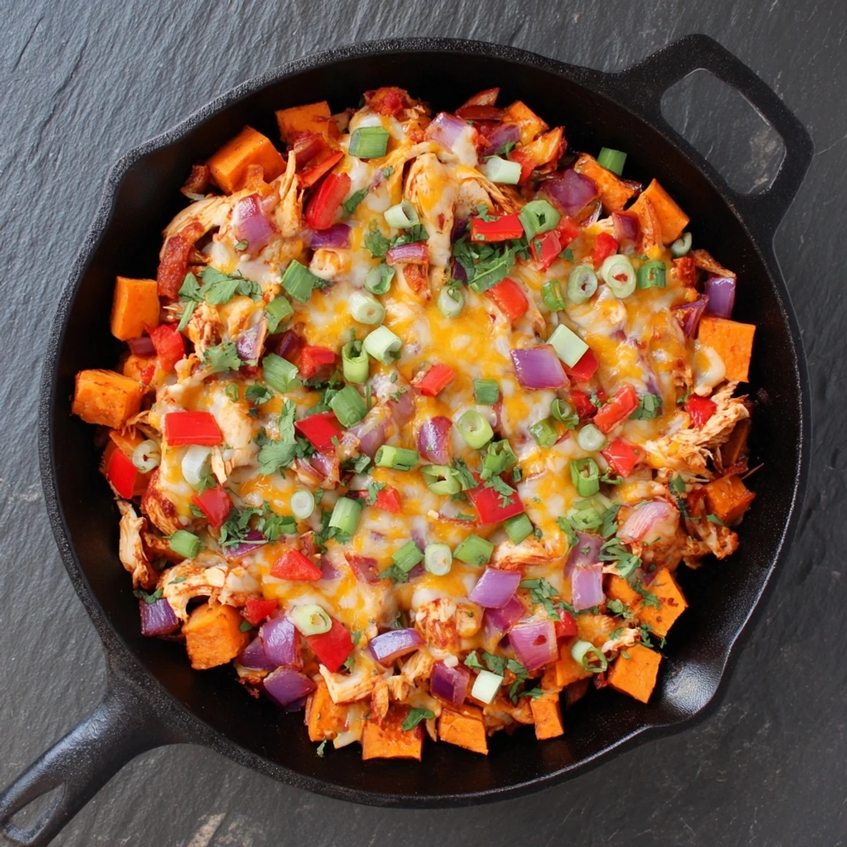 Hearty Sweet Potato Skillet with BBQ Chicken, featuring diced sweet potatoes and smoky sauce under a layer of bubbly cheddar.