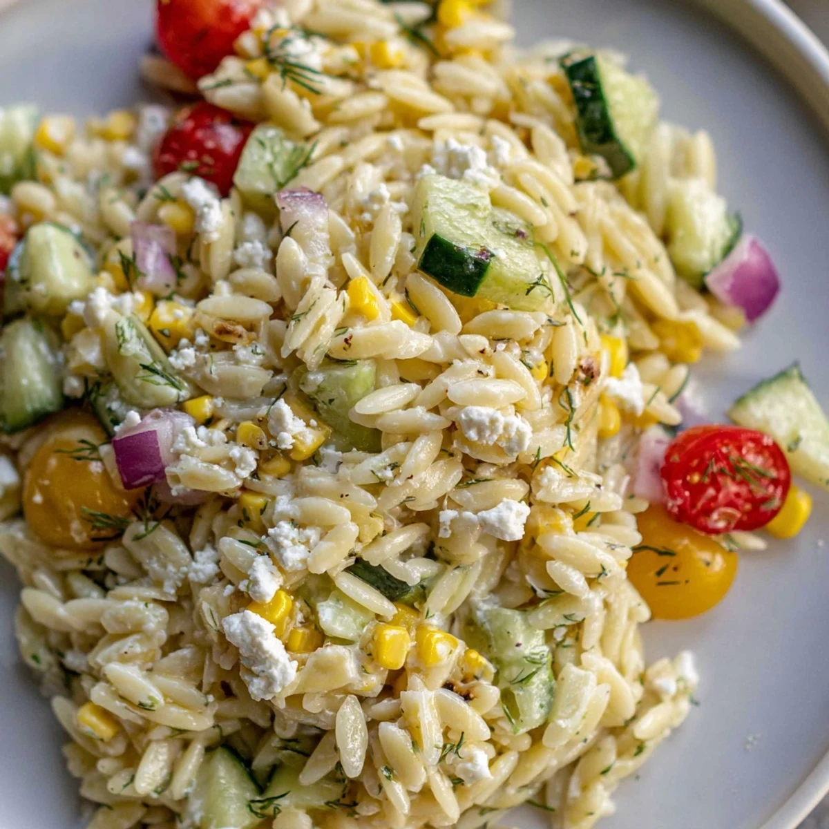 Bright, smoky grilled corn and tender orzo tossed in a creamy scallion dill dressing with cherry tomatoes and cucumber for a fresh summer side.
