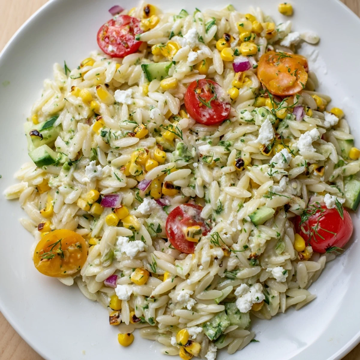 Grilled Corn Orzo Salad with Scallion Dill Dressing on a picnic table with a glass of white wine and lemon wedges for serving.