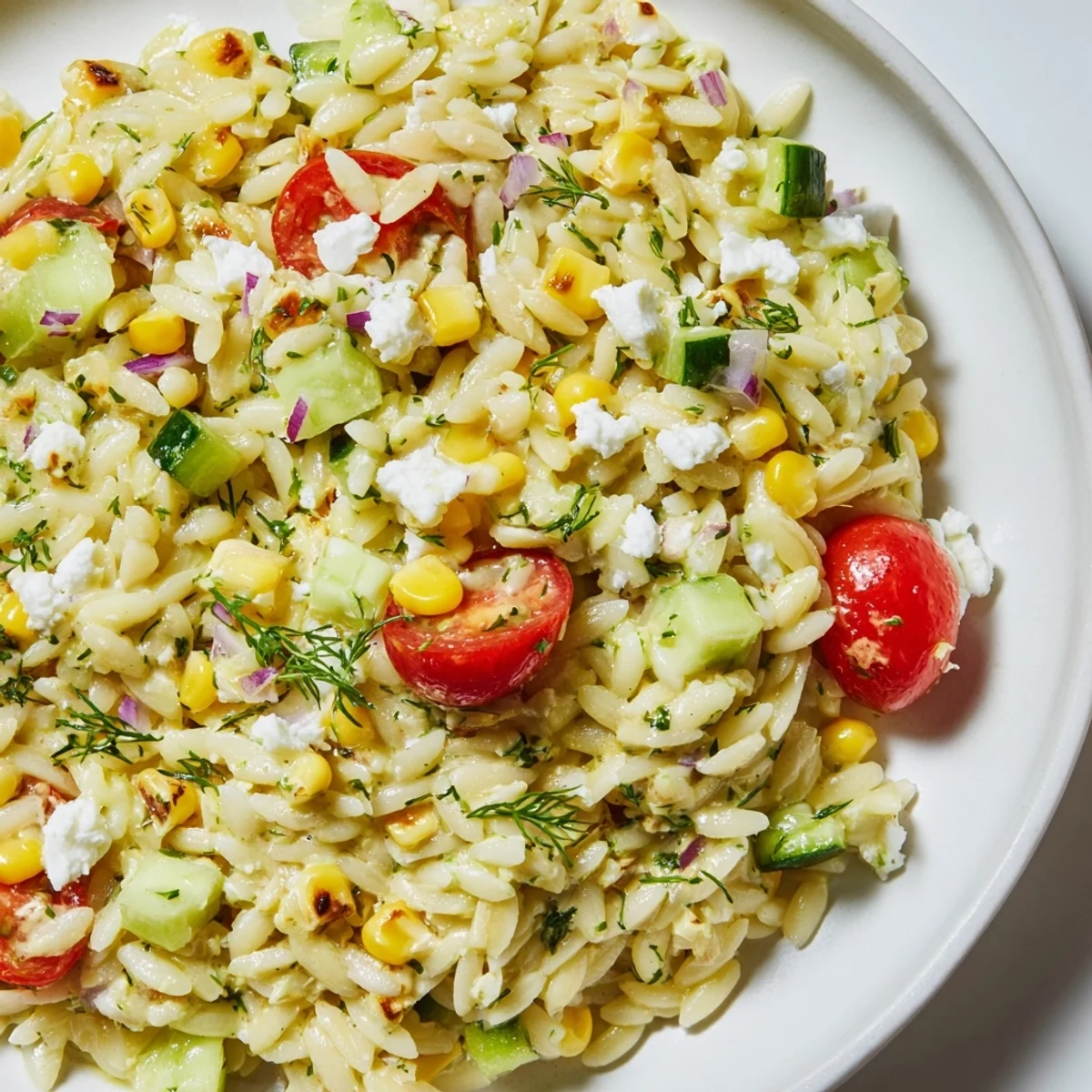 A bowl of Grilled Corn Orzo Salad with Scallion Dill Dressing served chilled with crumbled feta, diced red onion, and chopped herbs.