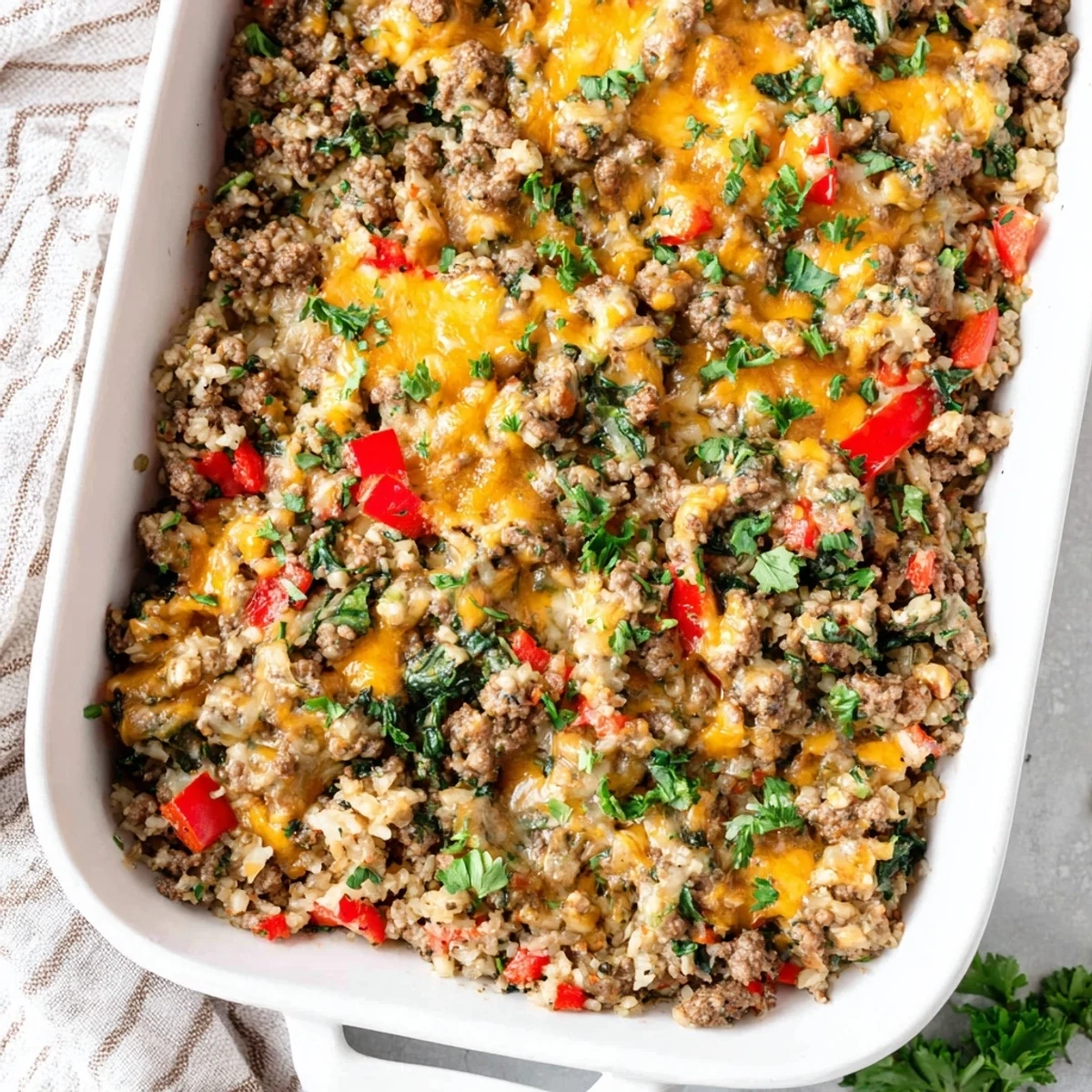 Creamy Ground Beef Casserole with Cauliflower Rice is baked golden and served steaming hot in a baking dish.