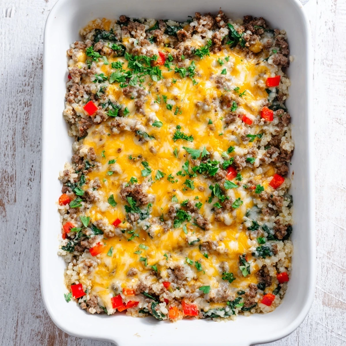 This low carb Ground Beef Casserole with Cauliflower Rice is plated with fresh parsley and a side salad.