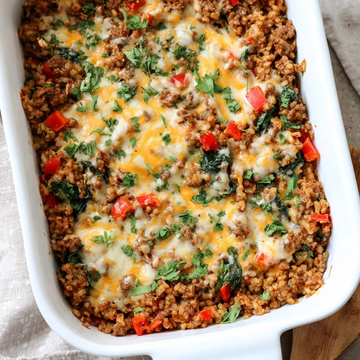 Fork lifts a hearty slice of Ground Beef Casserole with Cauliflower Rice showing melted cheese and beef.