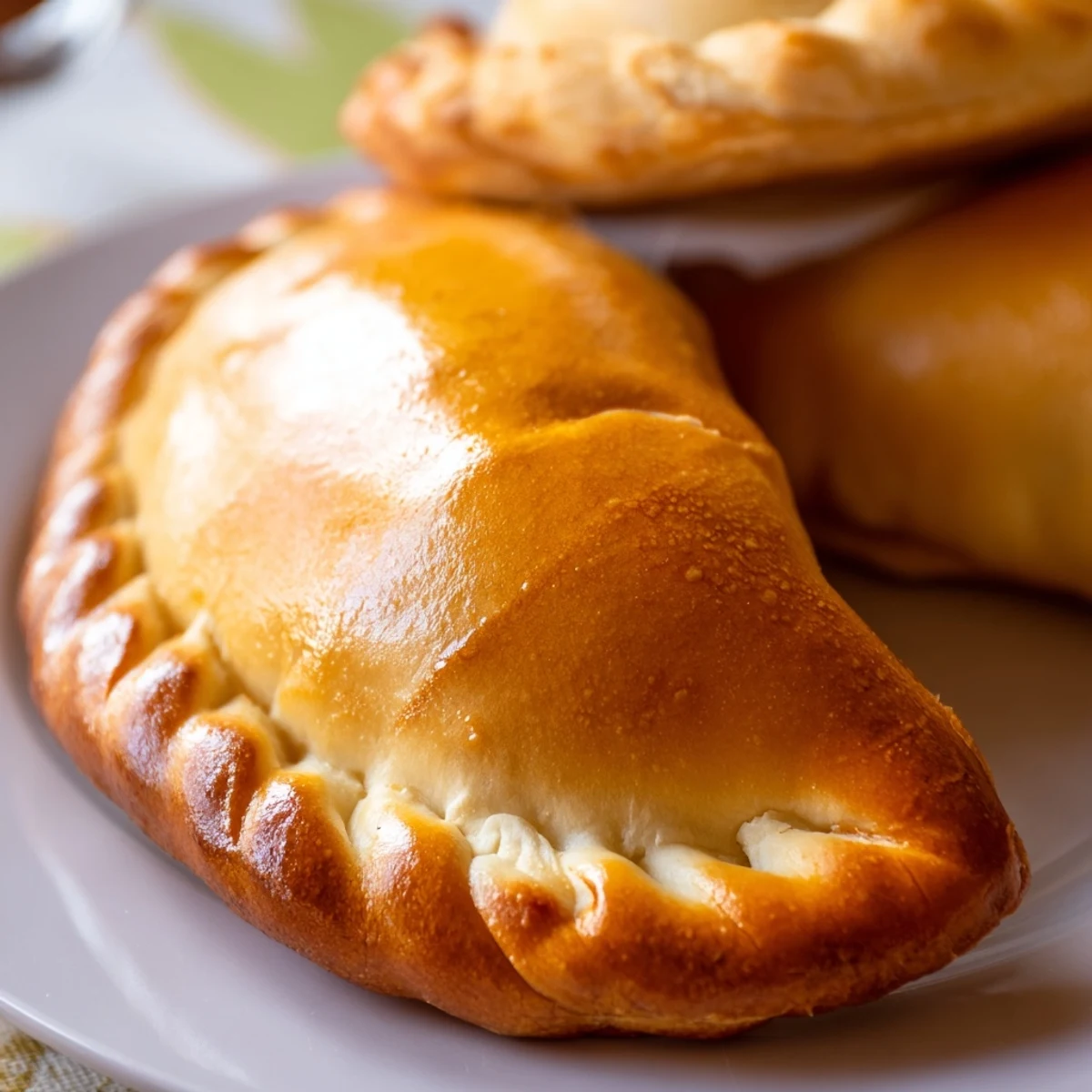 Golden-baked Cheesy Egg and Cheese Piroshki sit on a rustic wooden board, showcasing flaky, golden pastry and melted cheese peeking from a half-moon shape.