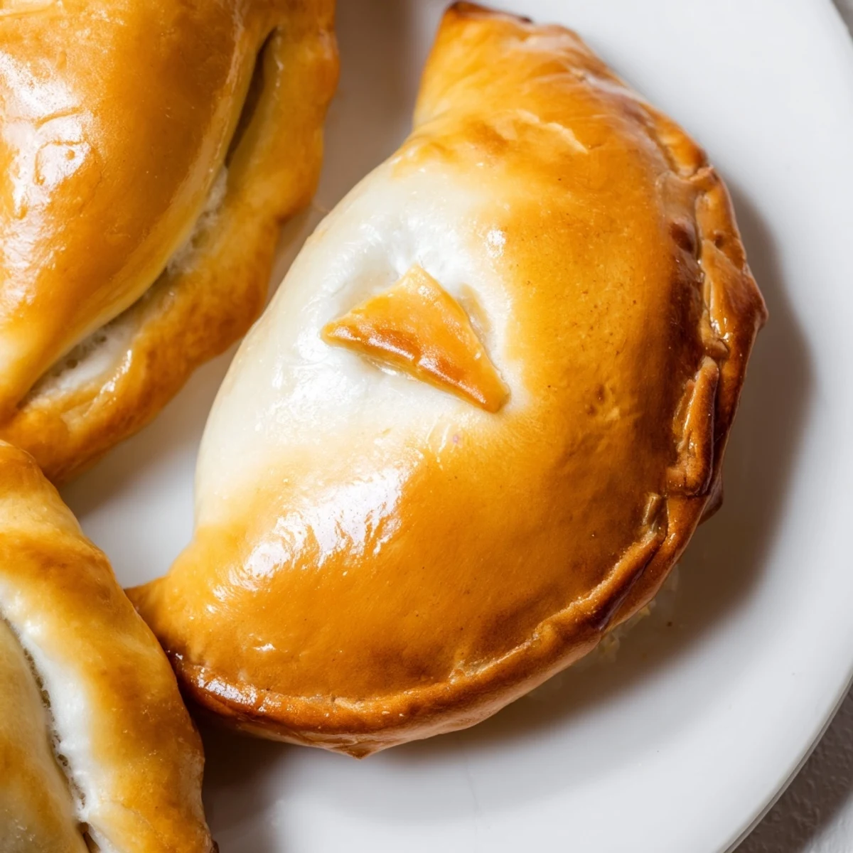 Warm, freshly baked Cheesy Egg and Cheese Piroshki rest on a plate, dusted with flour and ready to be enjoyed with a side of sour cream.