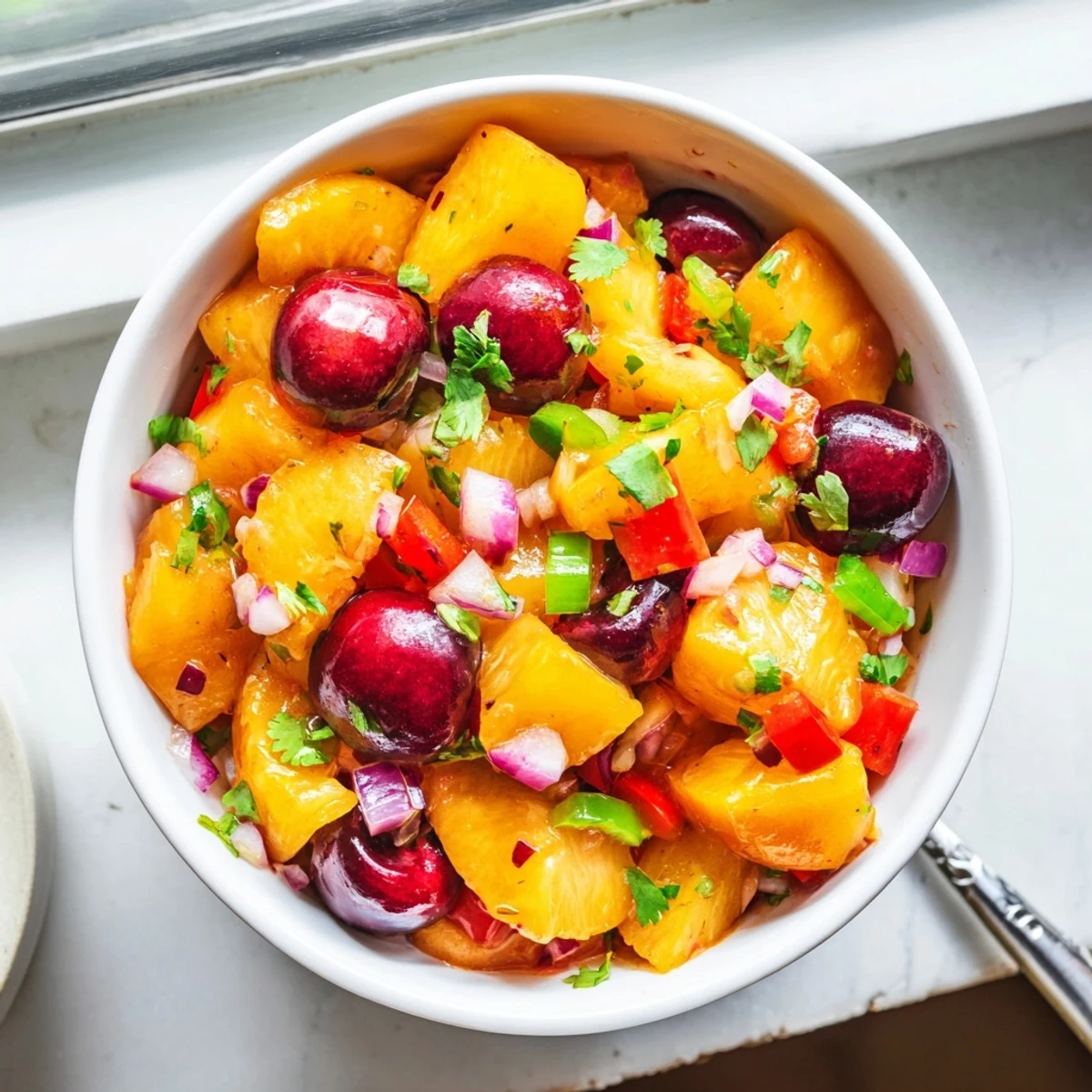 A bowl of Healthy Peach Cherry Salsa features diced peaches and cherries with red onion and jalapeño, served with tortilla chips for dipping.