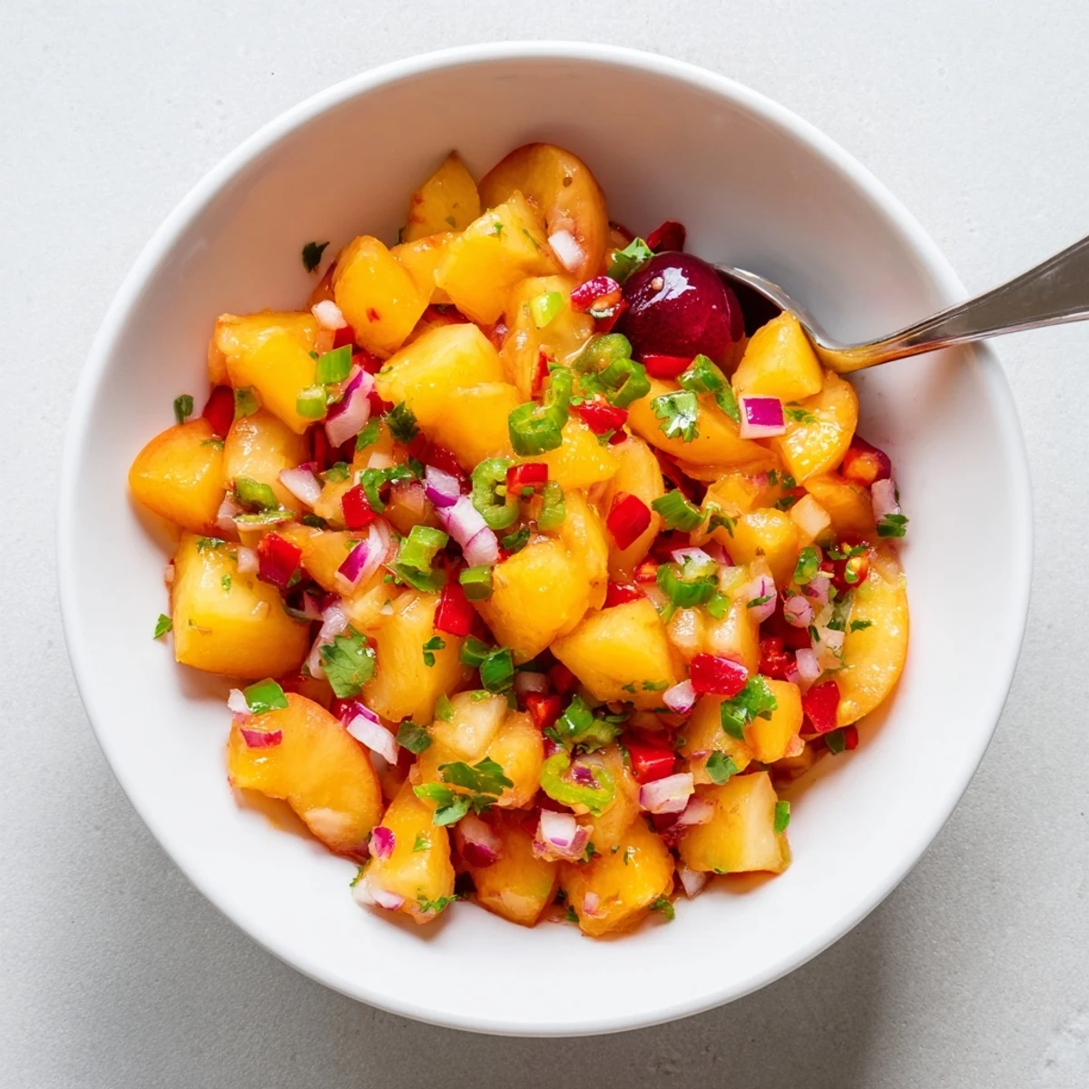 Bright summer Healthy Peach Cherry Salsa mixes juicy peaches and sweet cherries with lime and cilantro, perfect spooned over grilled chicken or fish.