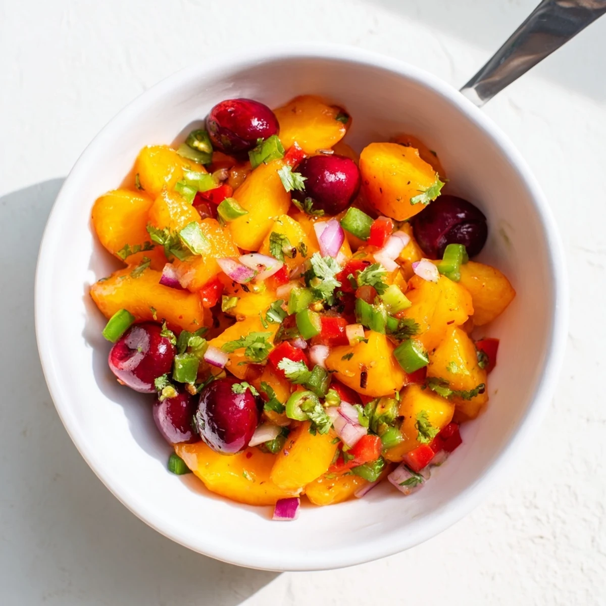 Vibrant Healthy Peach Cherry Salsa in a rustic bowl with diced peaches, cherries, red bell pepper, and jalapeño, ready to enjoy as a dip.