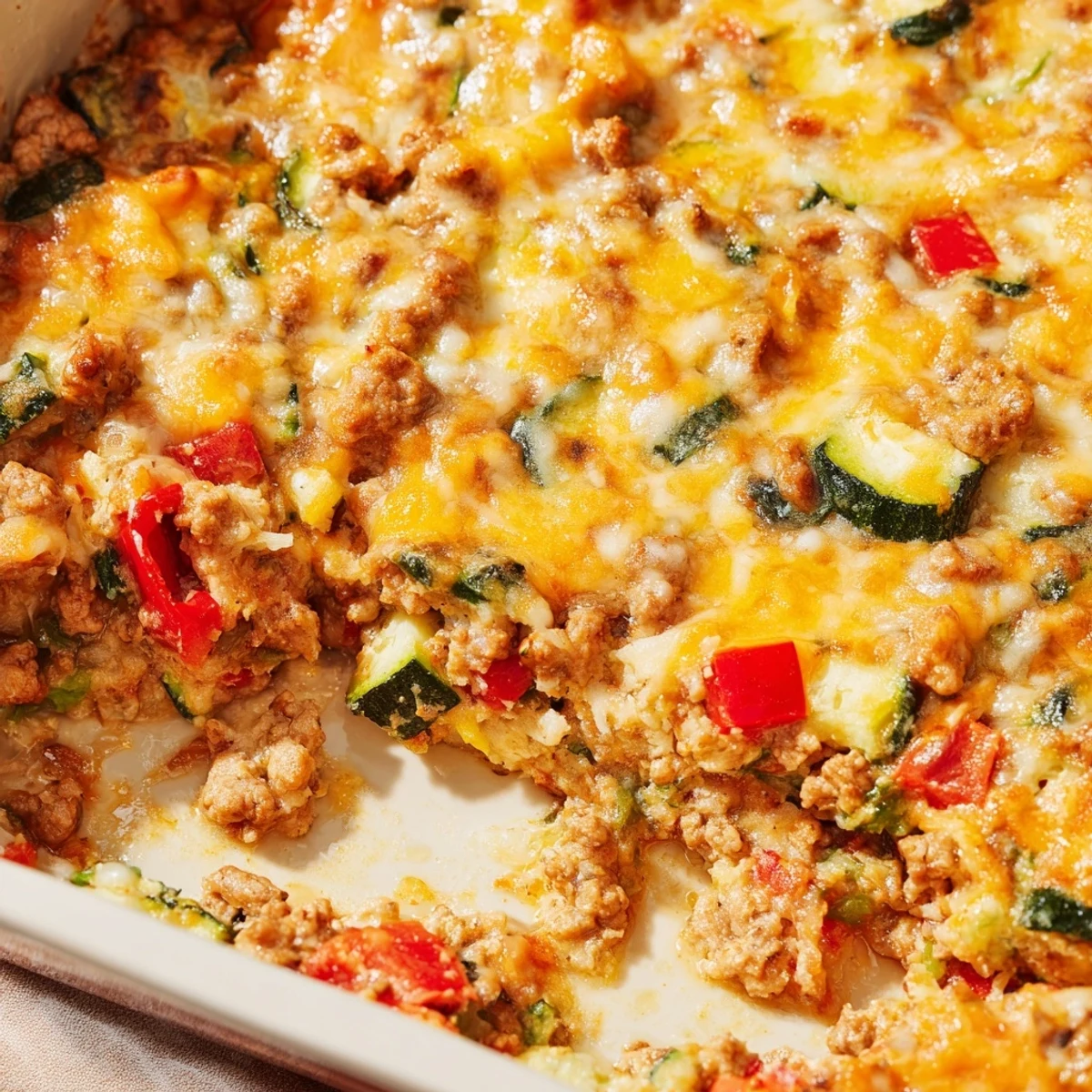 A close-up of Easy Ground Turkey Zucchini Casserole reveals creamy layers and herbs. 