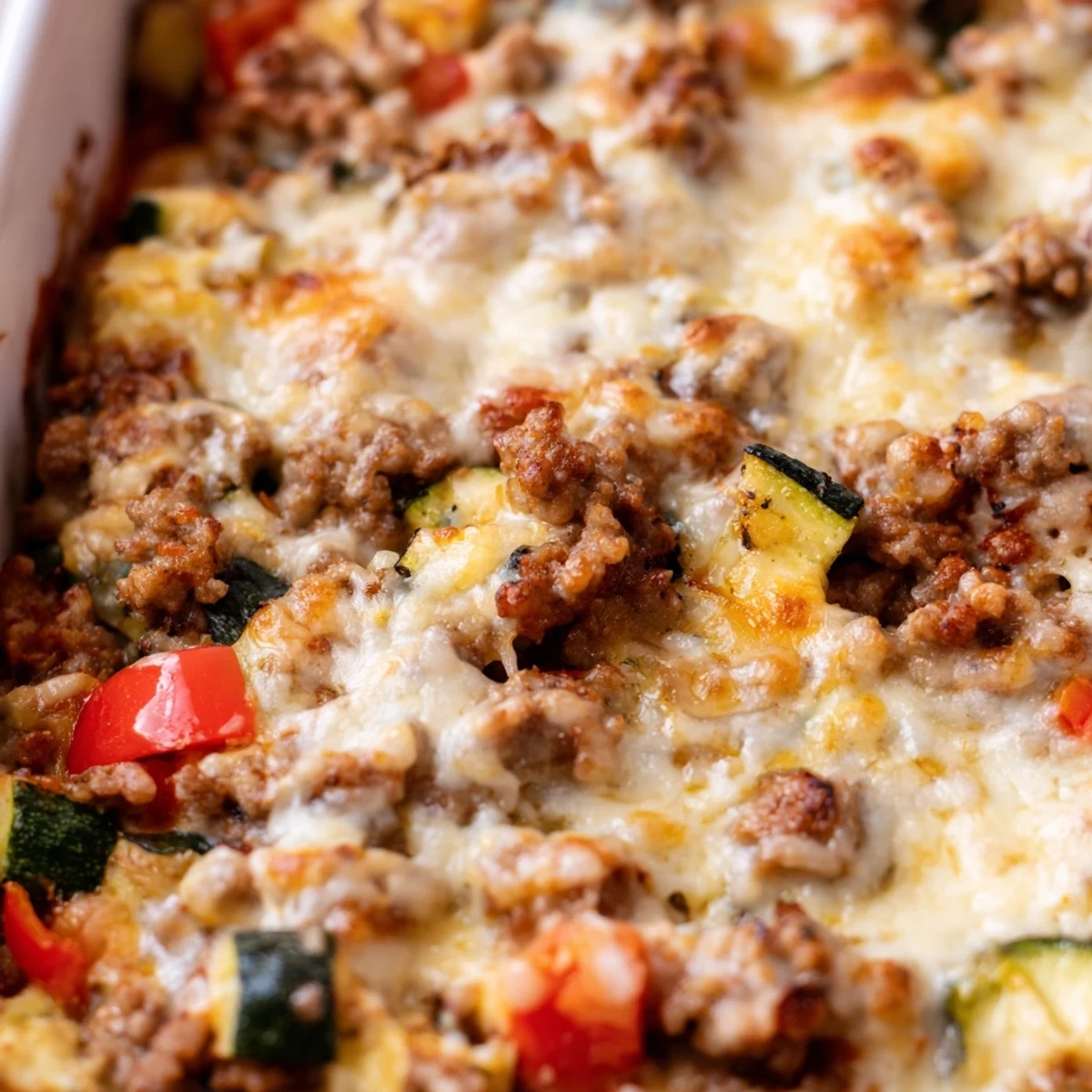 Golden bubbly cheese tops this Easy Ground Turkey Zucchini Casserole fresh from the oven. 