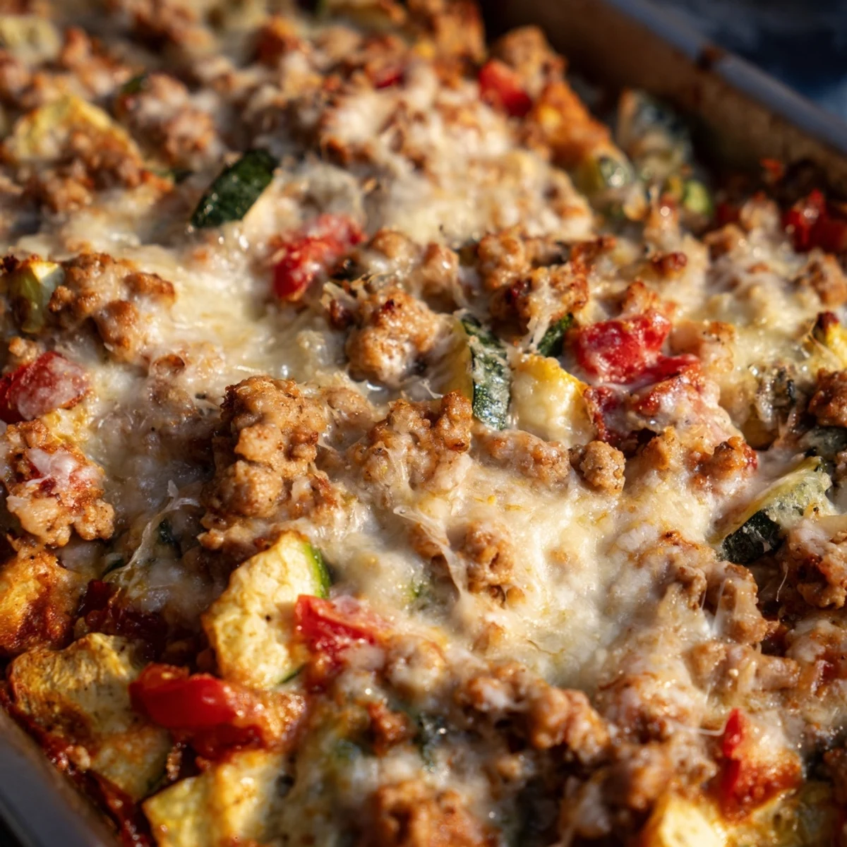 Easy Ground Turkey Zucchini Casserole is plated with a fresh green salad.