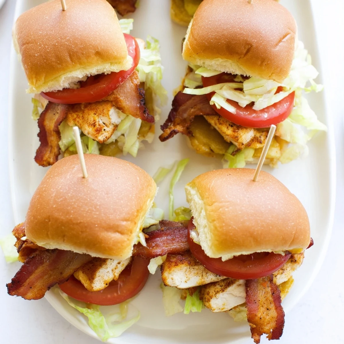Golden brown Honey Mustard BLT Chicken Sliders stacked high with juicy chicken, lettuce, and tomato.