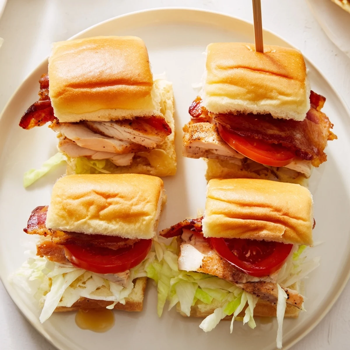 Close up view of Honey Mustard BLT Chicken Sliders served on a platter with tangy sauce.