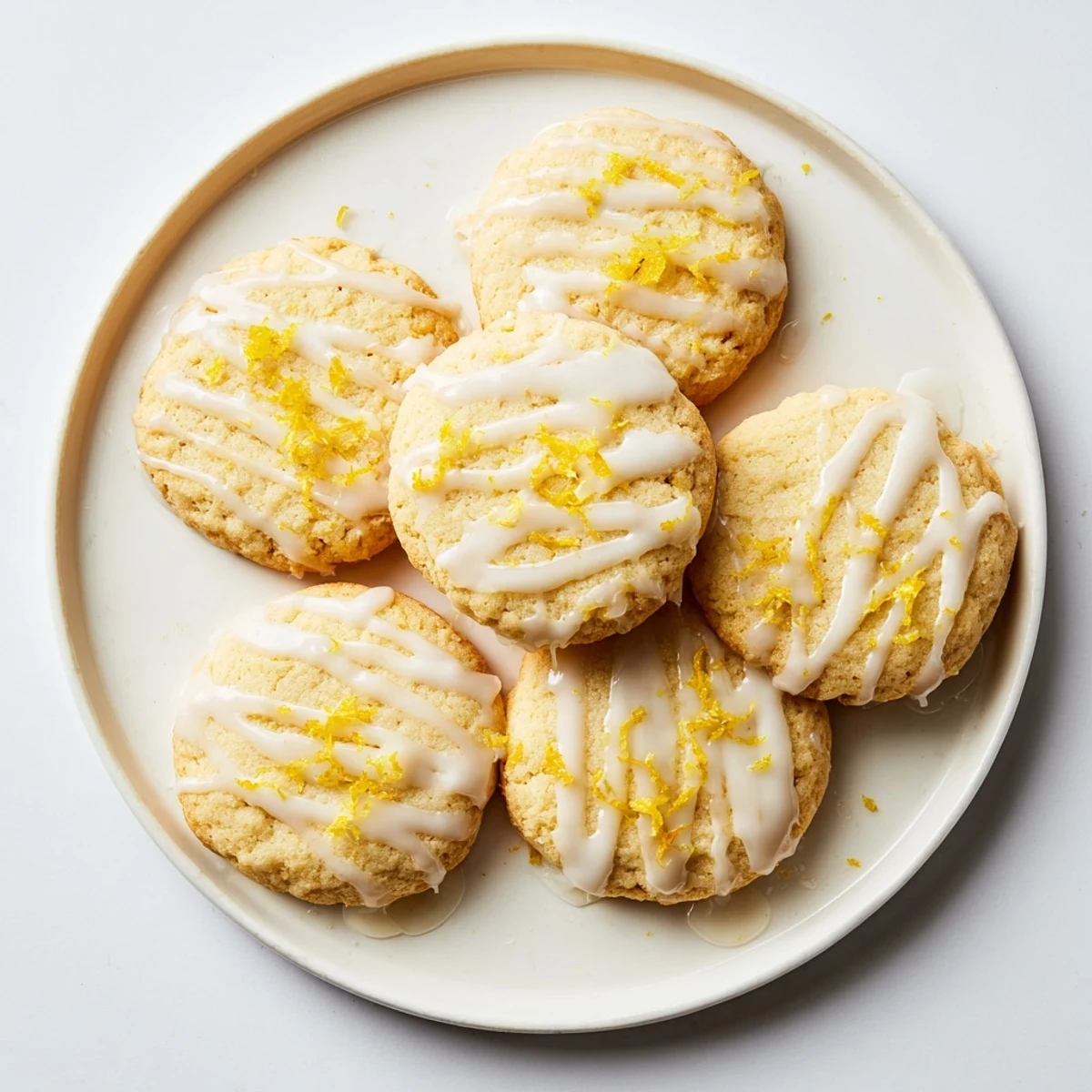 A close-up of glazed Limoncello Cookies, with a shiny lemon icing drizzled over buttery golden edges, on a rustic wooden surface.