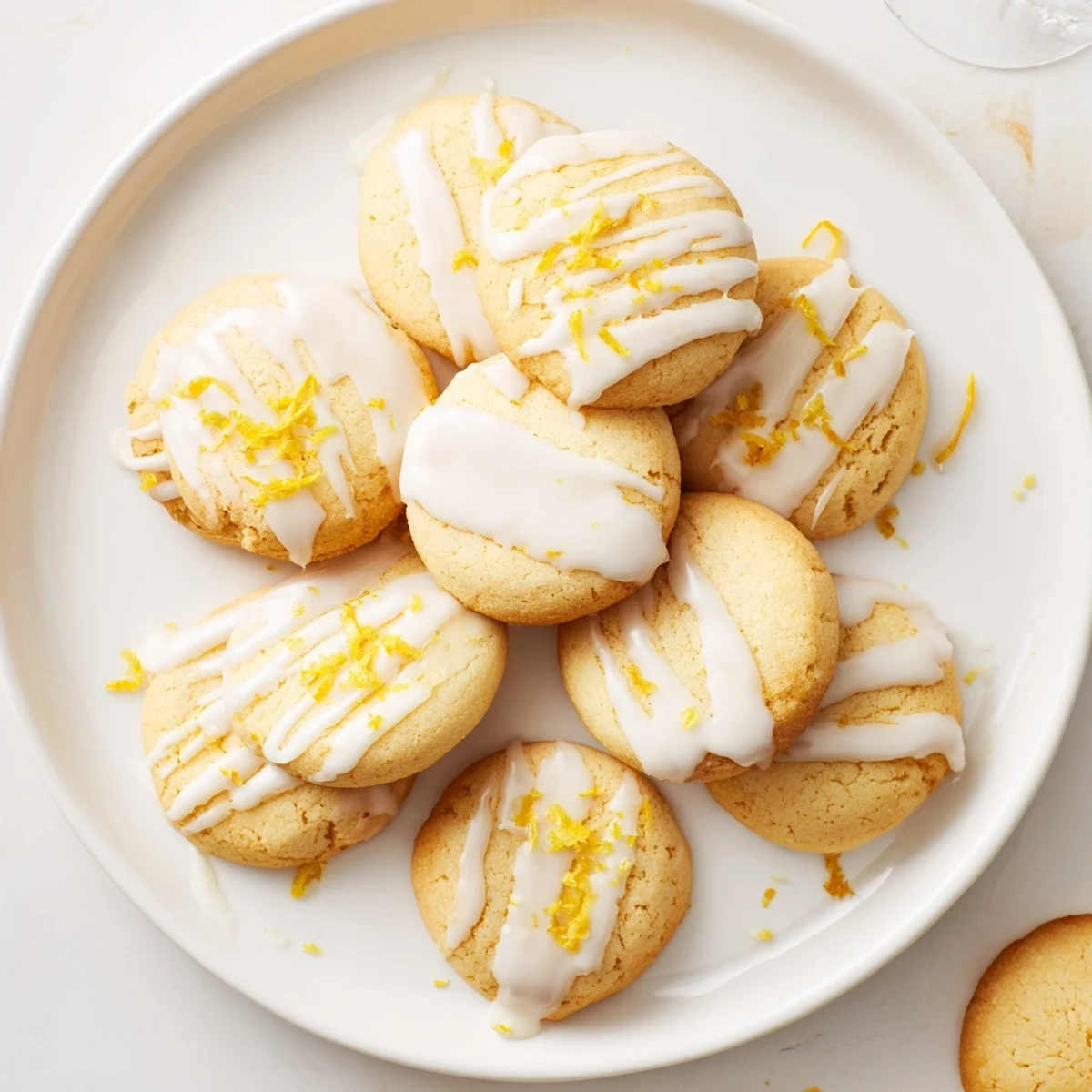 Freshly baked Limoncello Cookies on a wire cooling rack, each topped with vibrant lemon zest, ready to serve with afternoon tea.