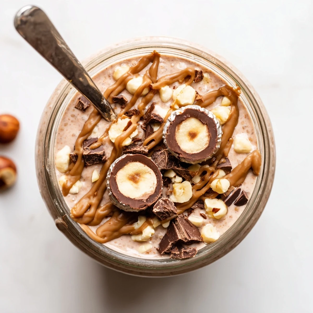 Chilled Ferrero Rocher Protein Overnight Oats in a clear jar topped with chopped hazelnuts and dark chocolate.