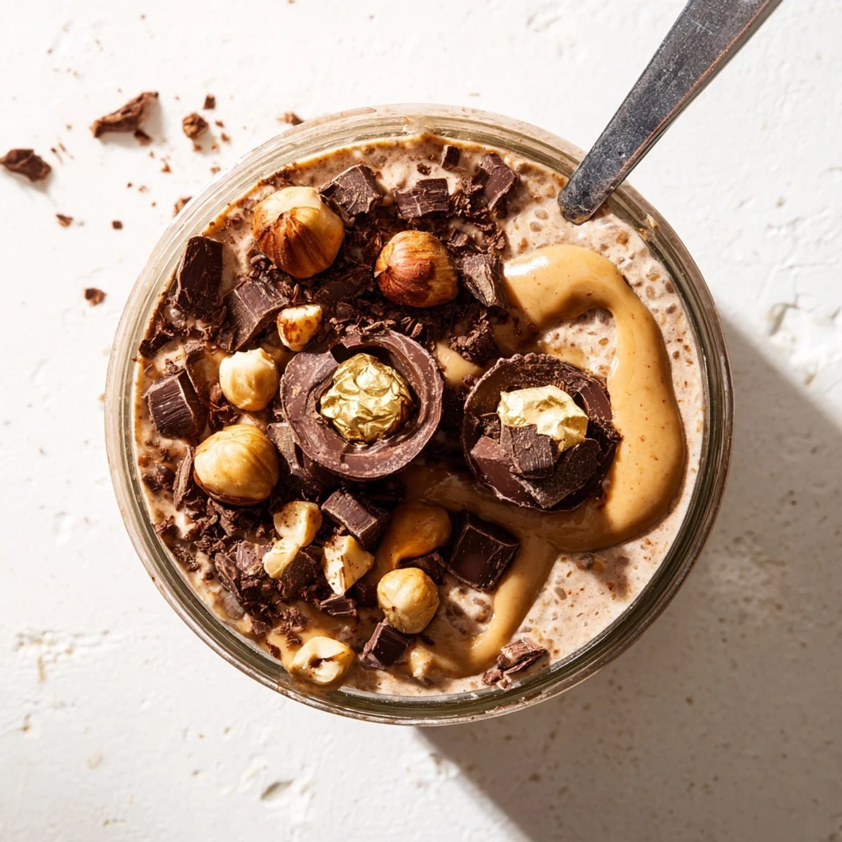 Ready-to-eat Ferrero Rocher Protein Overnight Oats garnished with half a chocolate candy, perfect for a quick, indulgent breakfast.