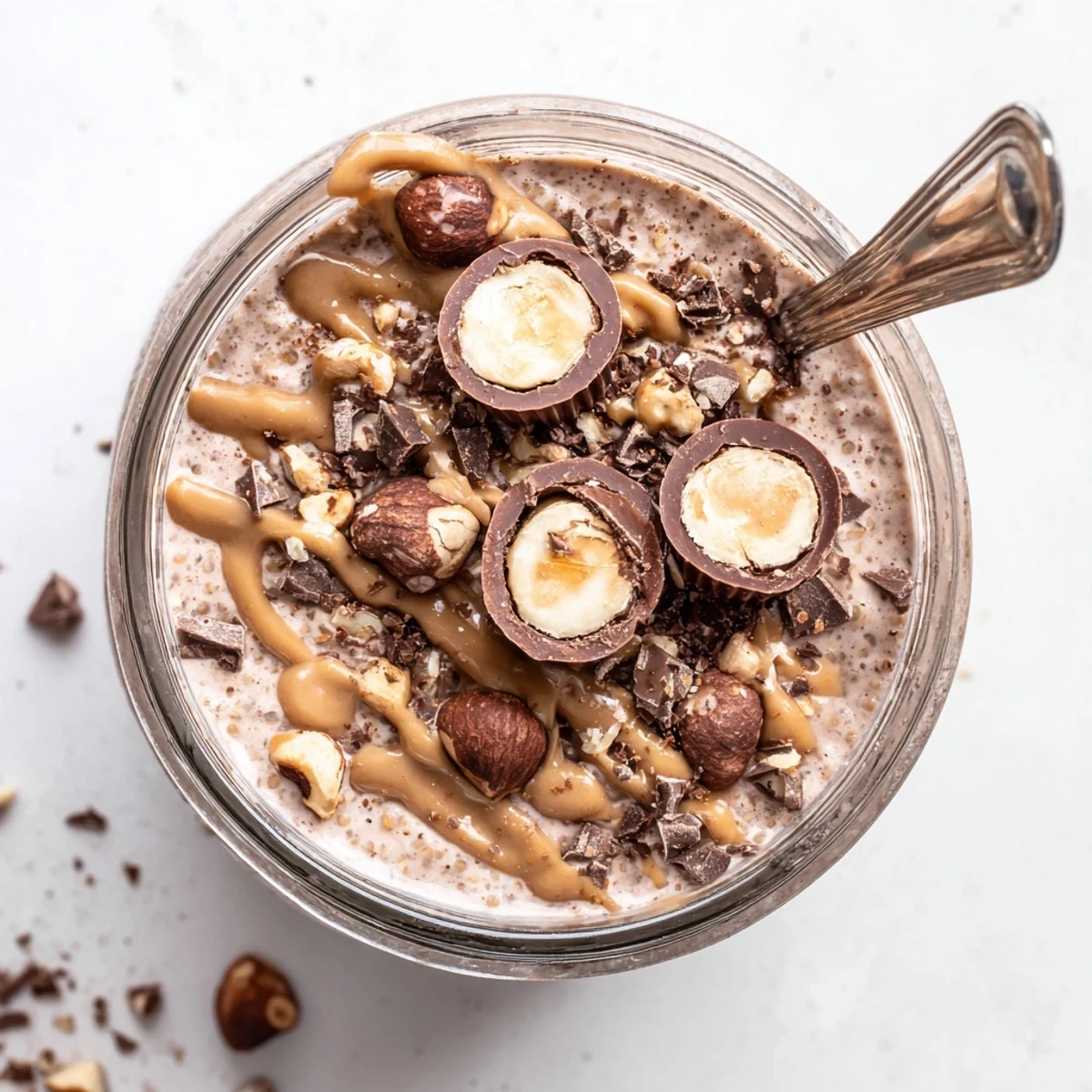 A close-up of Ferrero Rocher Protein Overnight Oats, creamy texture from Greek yogurt and almond milk, drizzled hazelnut butter.