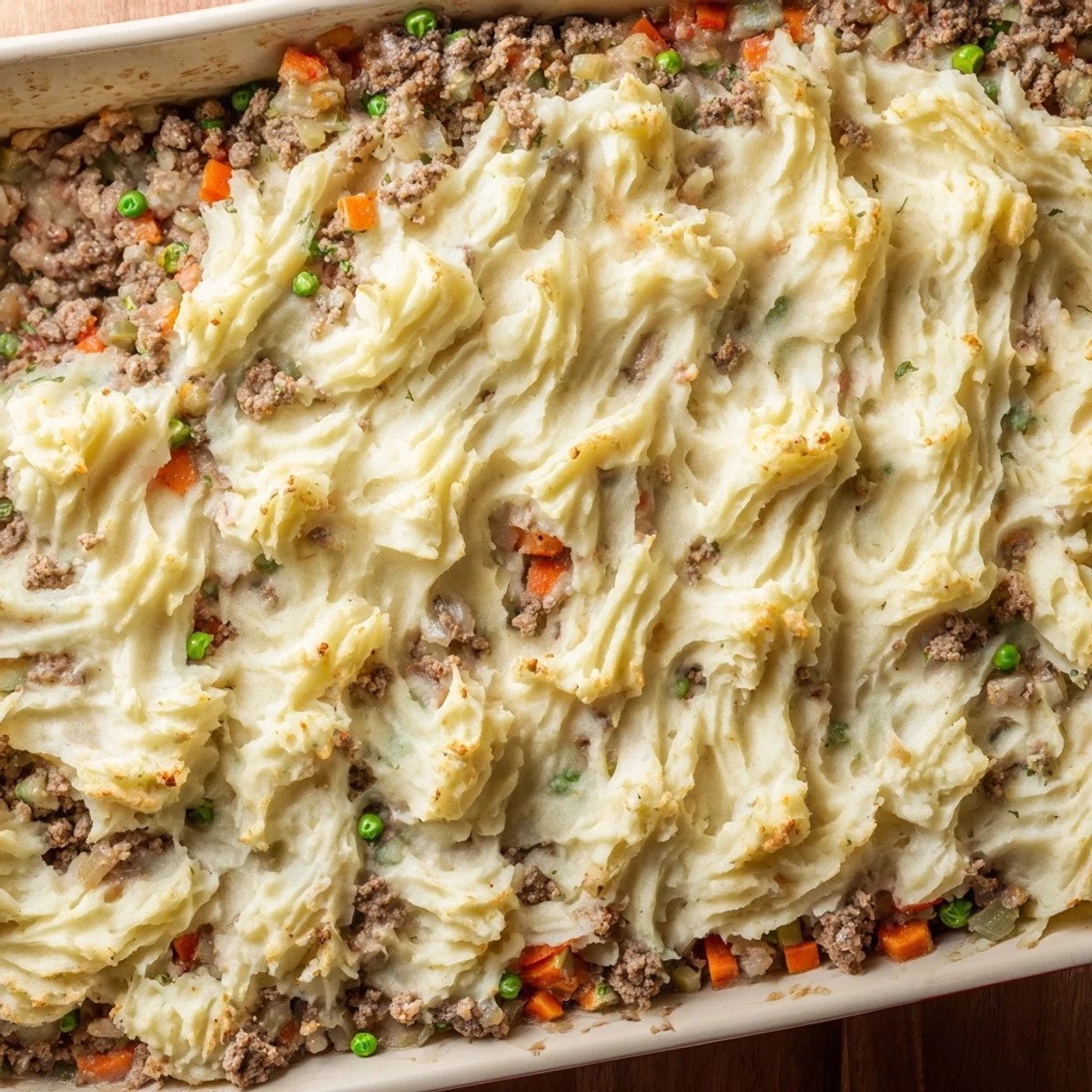 Close-up of Shepherd's Pie with Creamy Garlic Mashed Potatoes revealing savory meat and peas beneath fluffy spuds.