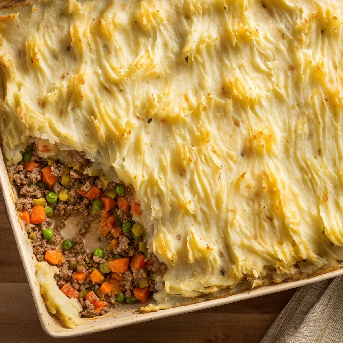 Rustic cast iron skillet of Shepherd's Pie with Creamy Garlic Mashed Potatoes served with a side salad.