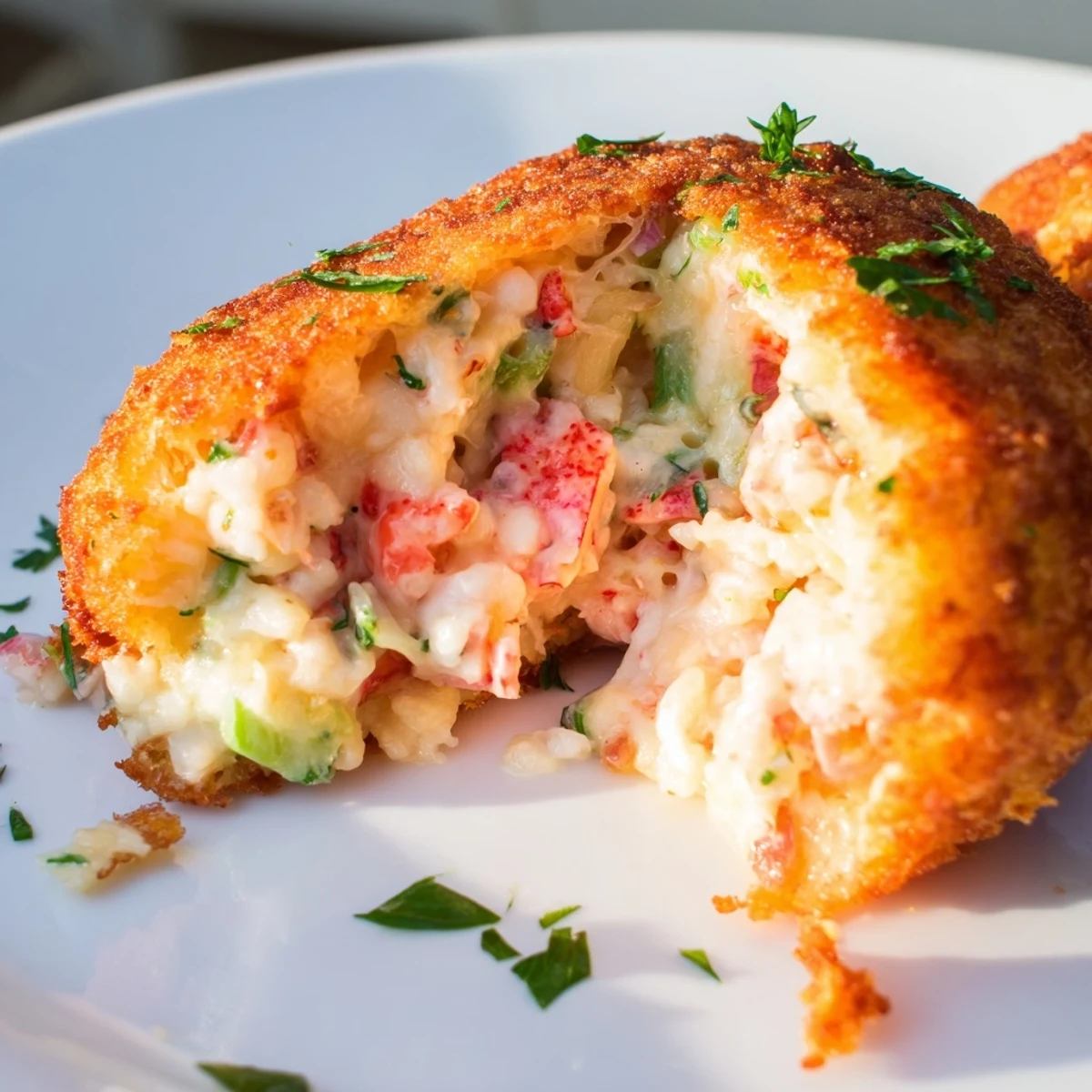 Crispy golden tortilla bombs filled with creamy seafood and melted cheese on a serving plate.  