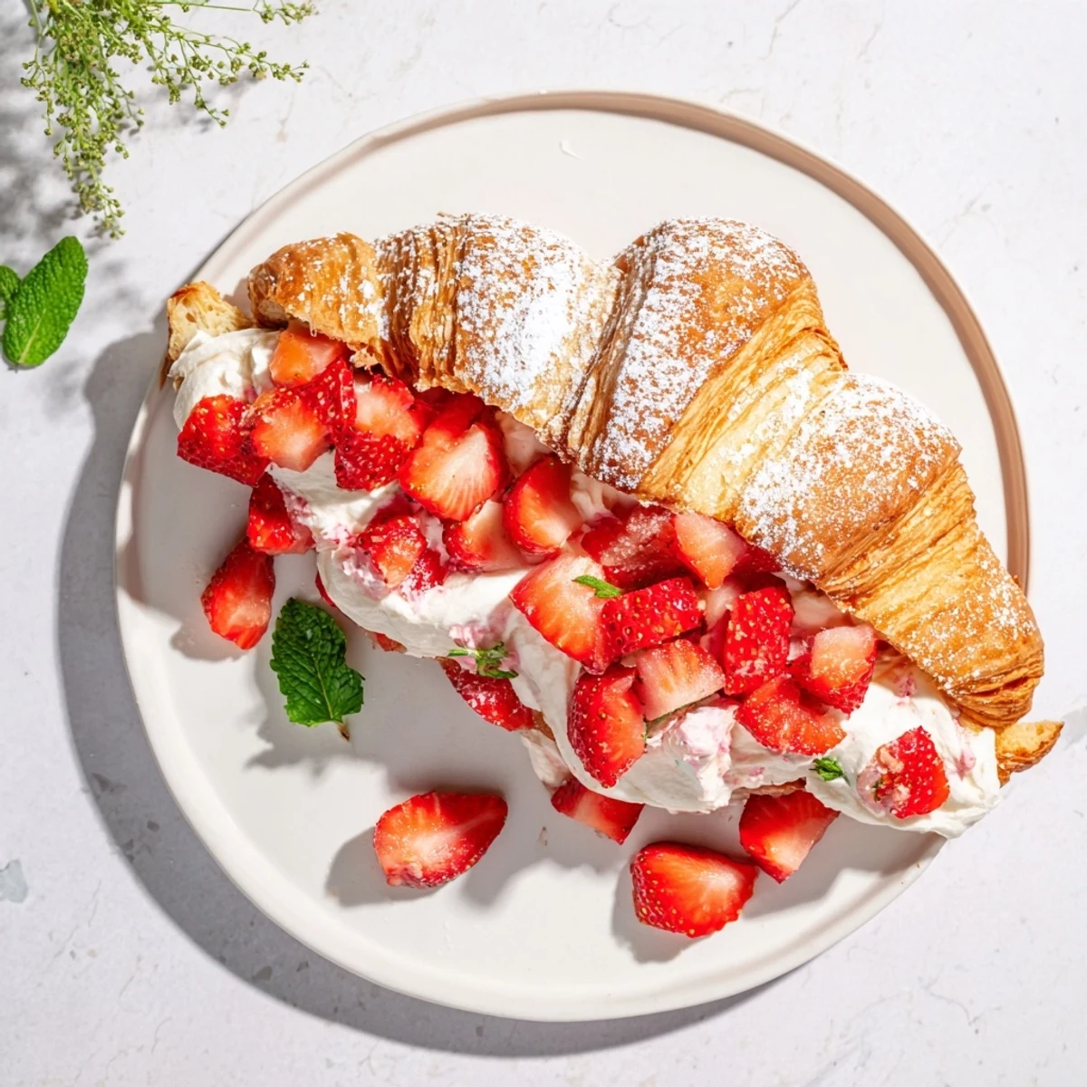 Freshly sliced Strawberry Cream Croissant showing flaky pastry layers and a generous swirl of vanilla cream with diced berries.