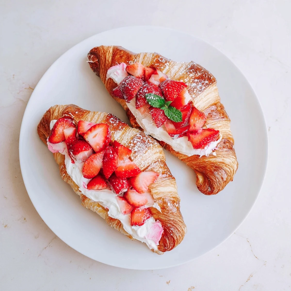 Close-up of a Strawberry Cream Croissant on a plate, dusted with powdered sugar and topped with glistening fresh strawberry slices.