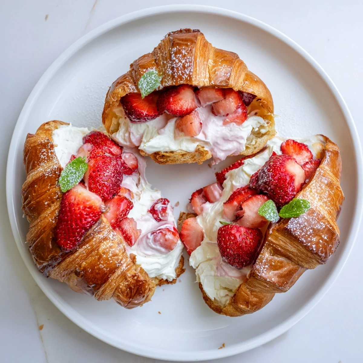 A beautiful Strawberry Cream Croissant broken open to reveal the luscious strawberry cream filling and soft, buttery interior.