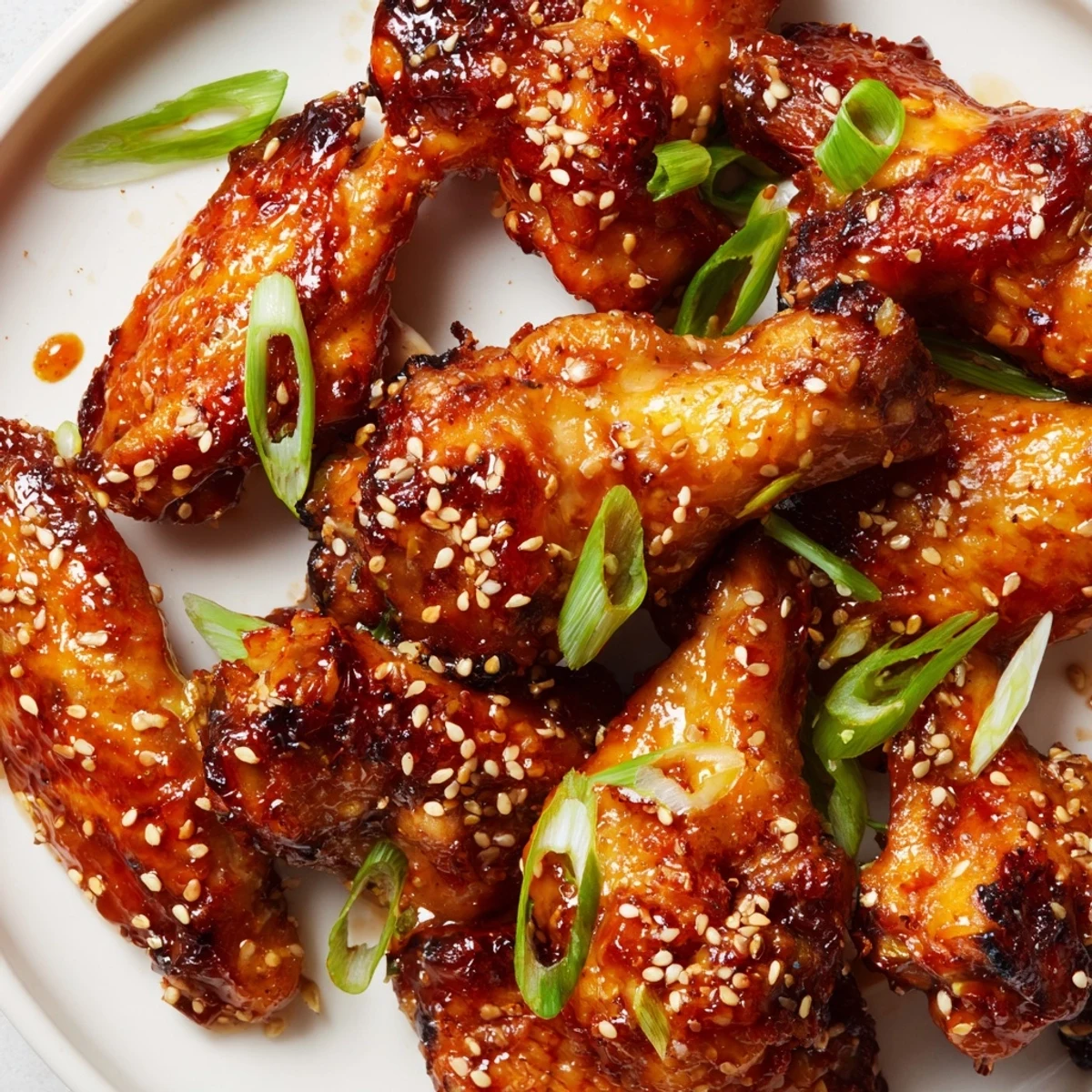 Sticky Orange Chicken Wings glaze glistens on a platter garnished with green onions and sesame seeds for game day snacking.