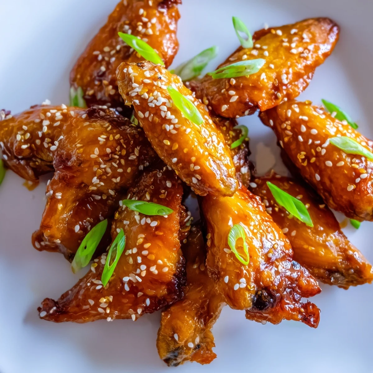 Juicy Sticky Orange Chicken Wings piled high with sticky glaze and sliced scallions are ready to serve at a party.