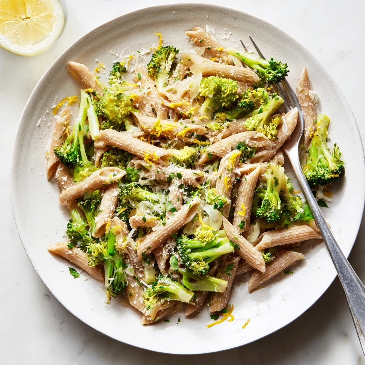 Freshly cooked Easy Healthy Broccoli Pasta with tender green florets and garlic in a light olive oil sauce, served in a white bowl.