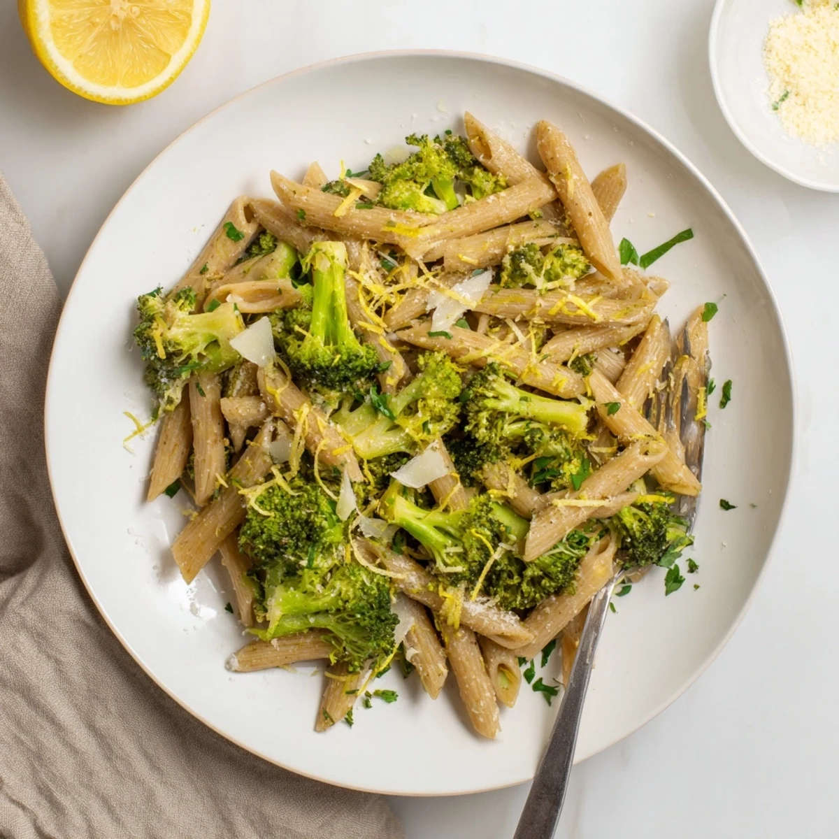 Savory Easy Healthy Broccoli Pasta plated with a sprinkle of parsley and a side of grated Parmesan, perfect for a nutritious weeknight dinner.