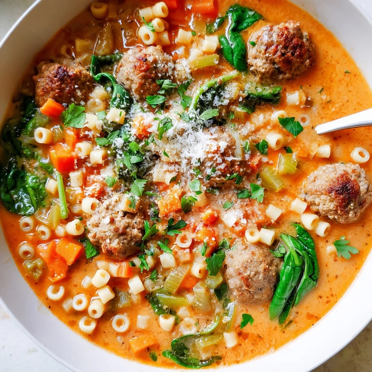 Creamy Italian Meatball Soup served steaming hot in a rustic ceramic bowl, topped with fresh parsley and grated Parmesan for a cozy dinner.