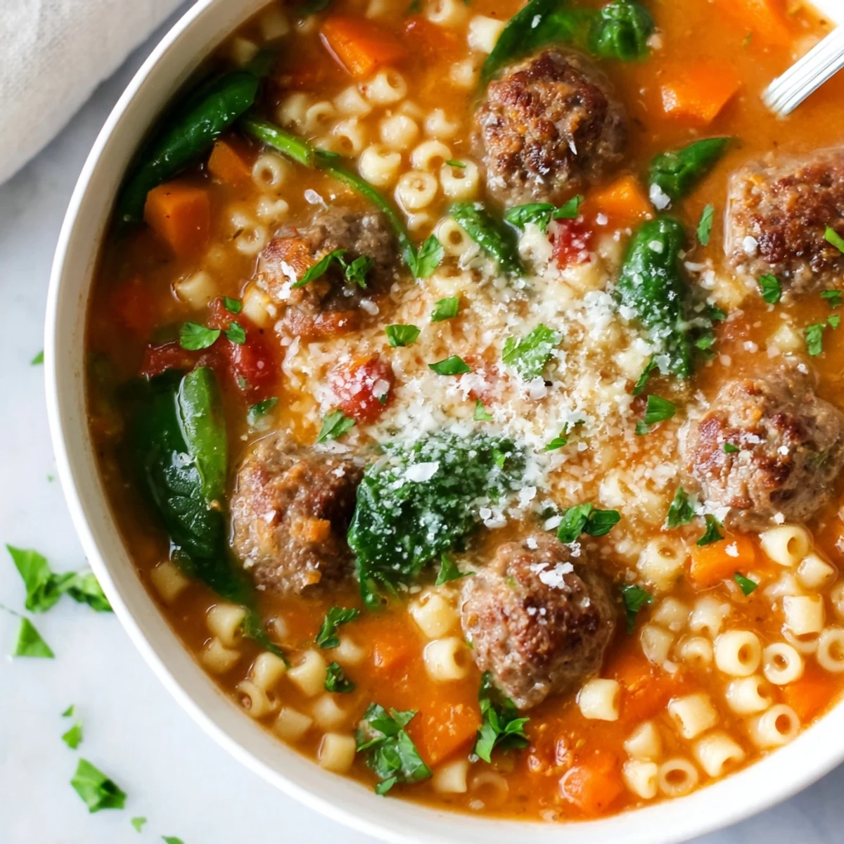 Close-up of Creamy Italian Meatball Soup with tender meatballs, baby spinach, and al dente pasta swimming in rich tomato cream broth.
