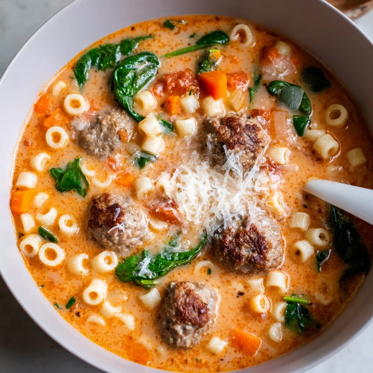 Comforting bowl of Creamy Italian Meatball Soup paired with crusty bread on a wooden table, ready for a hearty family meal.