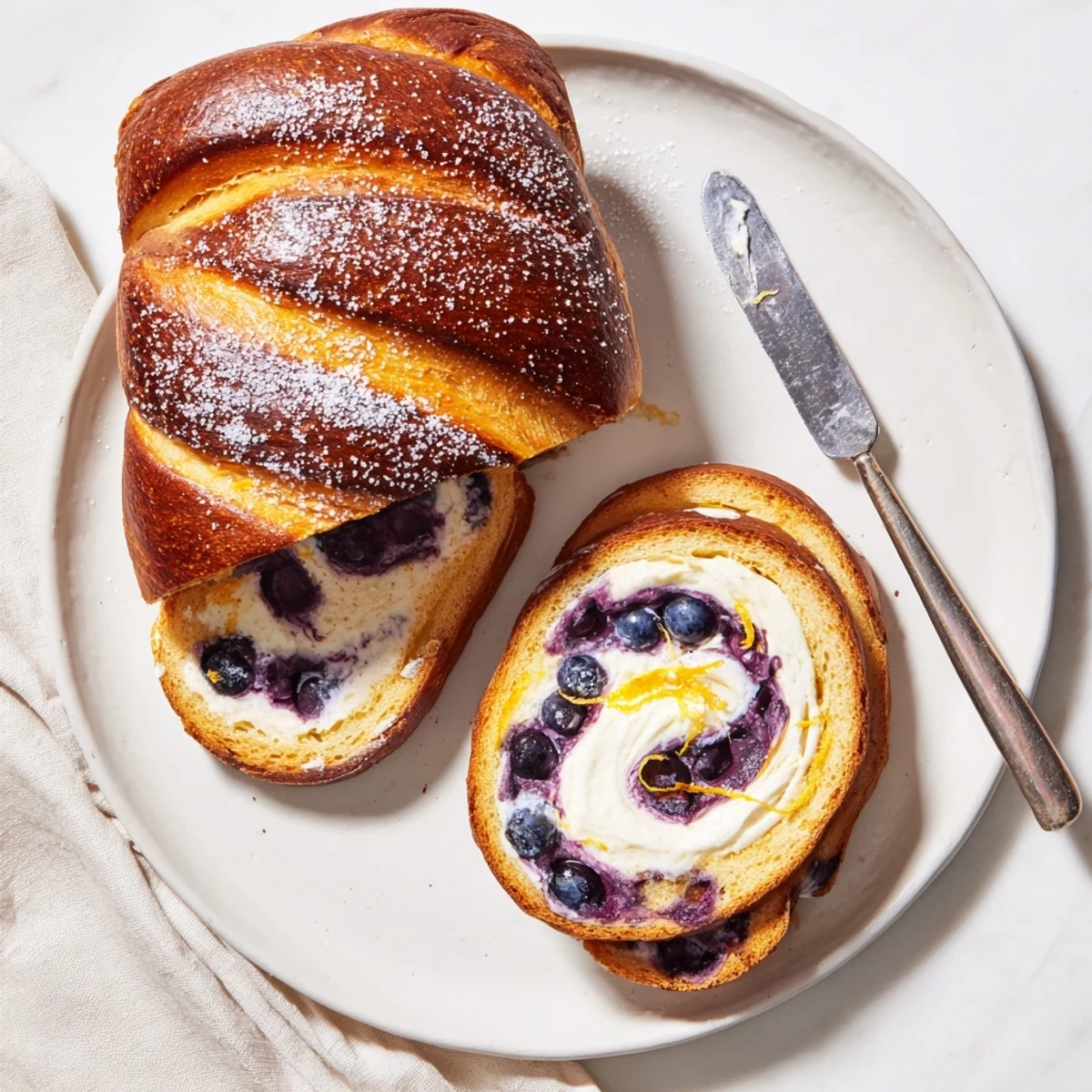 A golden, crusty Blueberry Lemon Cream Cheese Sourdough loaf with a marbled interior and creamy filling, sliced for breakfast.