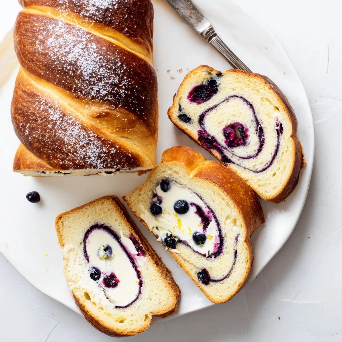 Perfectly toasted slices of Blueberry Lemon Cream Cheese Sourdough served on a white plate with a dollop of cream cheese.
