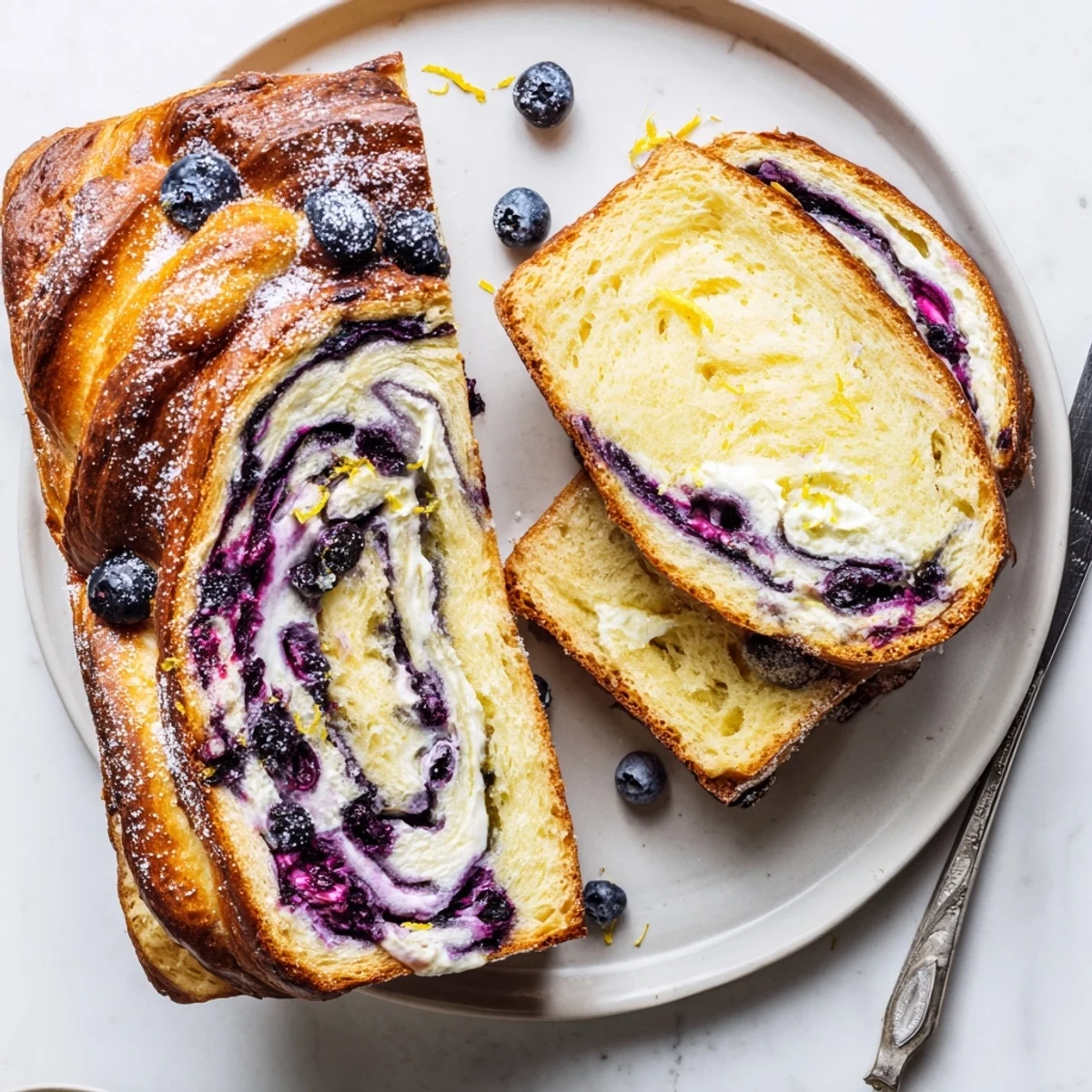 Fresh Blueberry Lemon Cream Cheese Sourdough cooling on a wire rack, with blueberries and lemon zest scattered beside it.