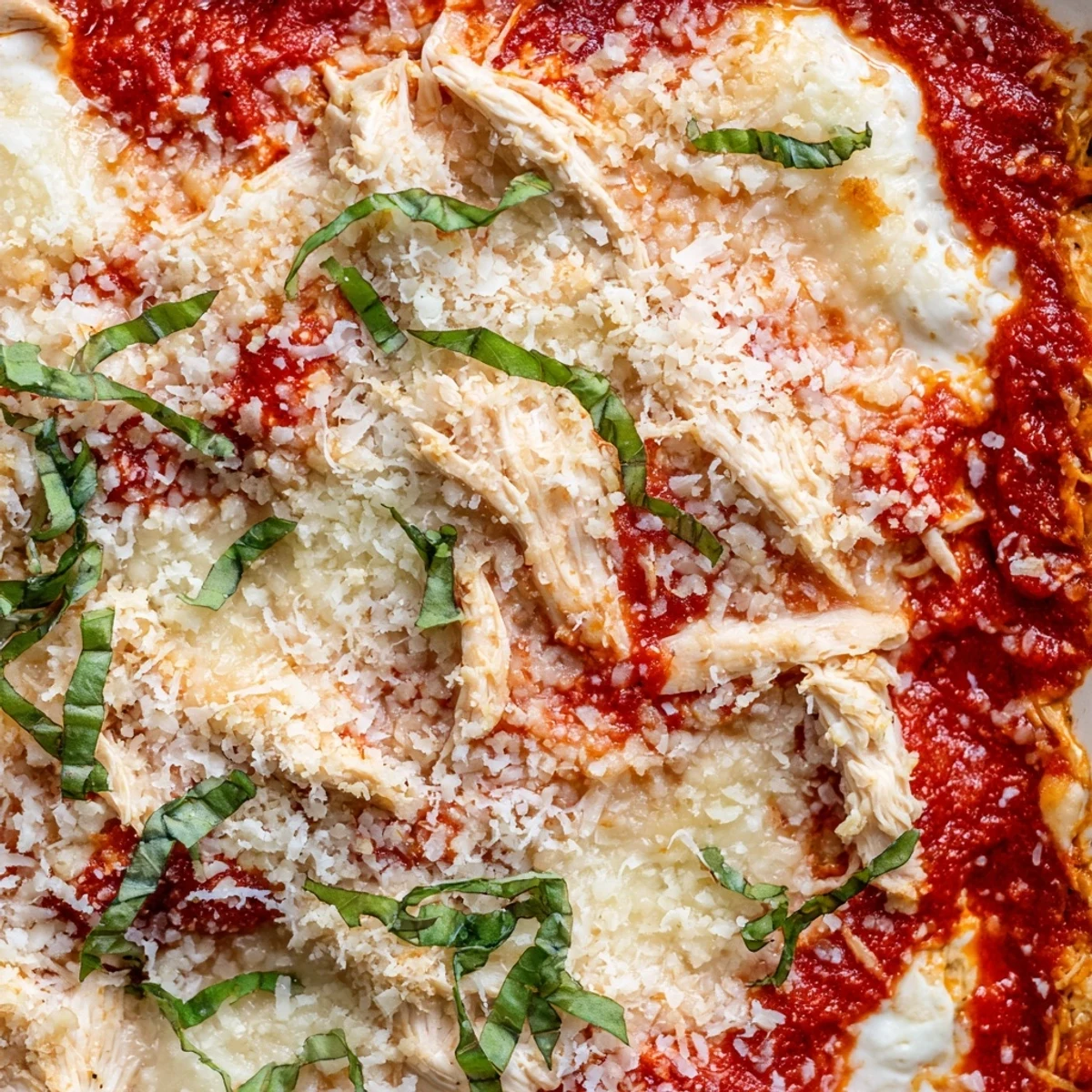 Bubbling low-carb chicken Parmesan casserole featuring marinara layers and crispy cheese topping